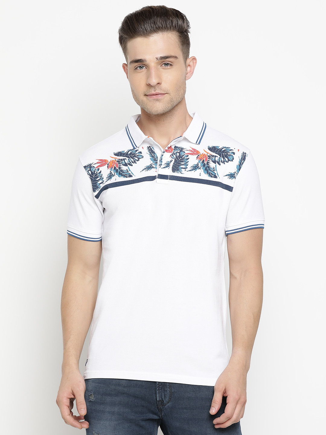 

Pepe Jeans Men White & Teal Blue Tropical Print Polo Collar T-shirt
