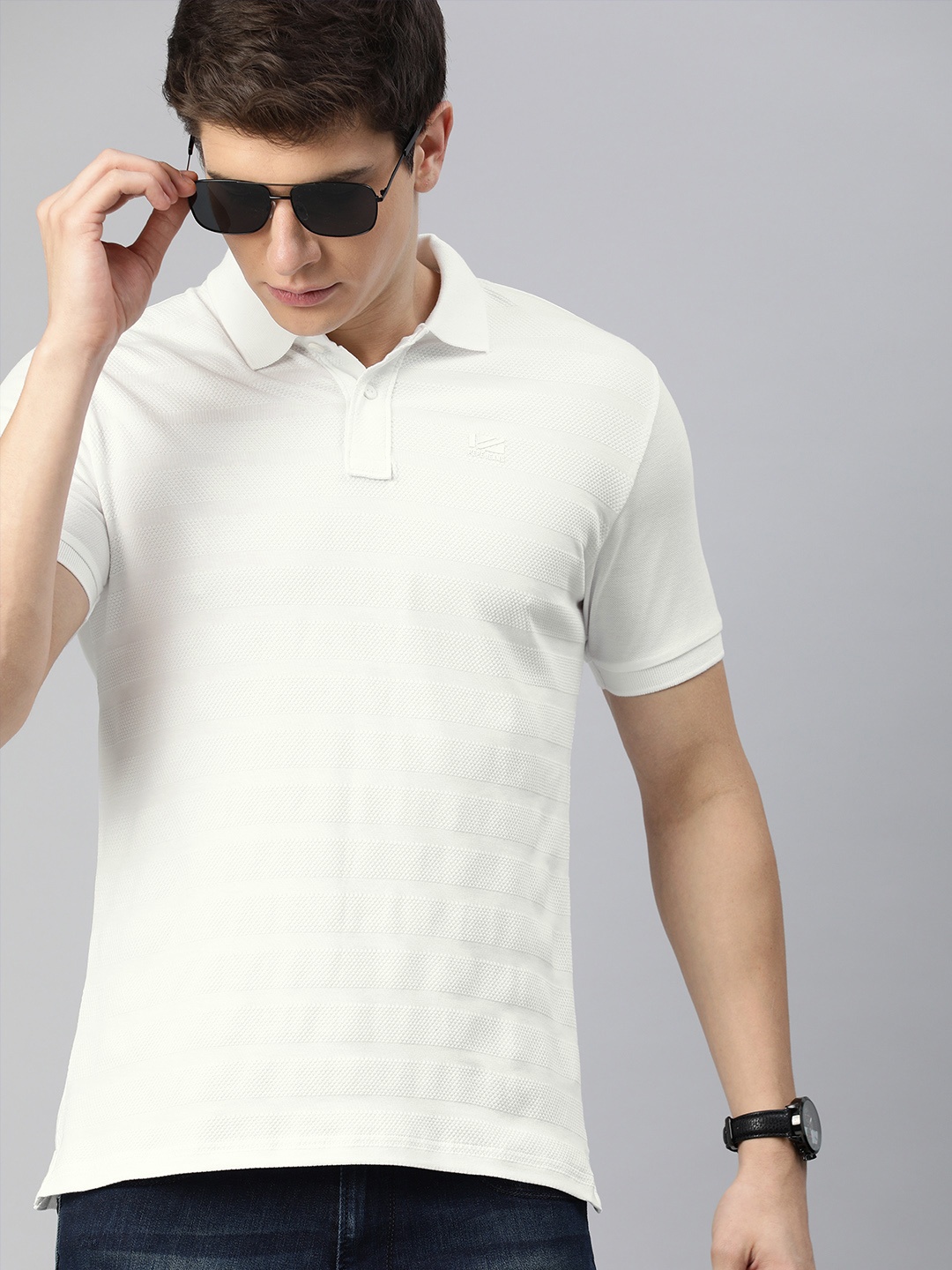 

Pepe Jeans Men White Self Design Polo Collar Pure Cotton T-shirt