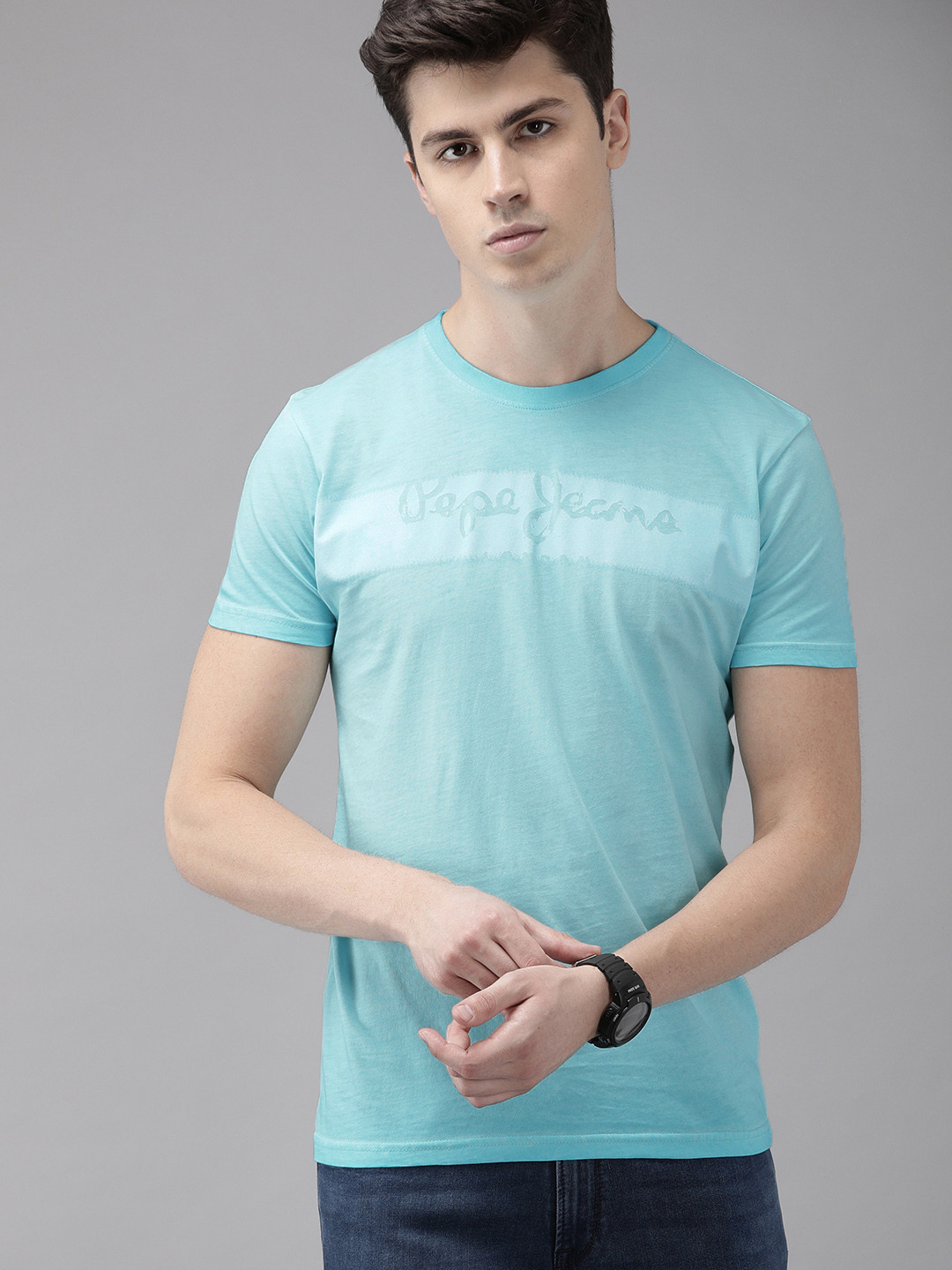 

Pepe Jeans Men Blue Slim Fit Solid Round Neck Pure Cotton T-shirt With Printed Detailing