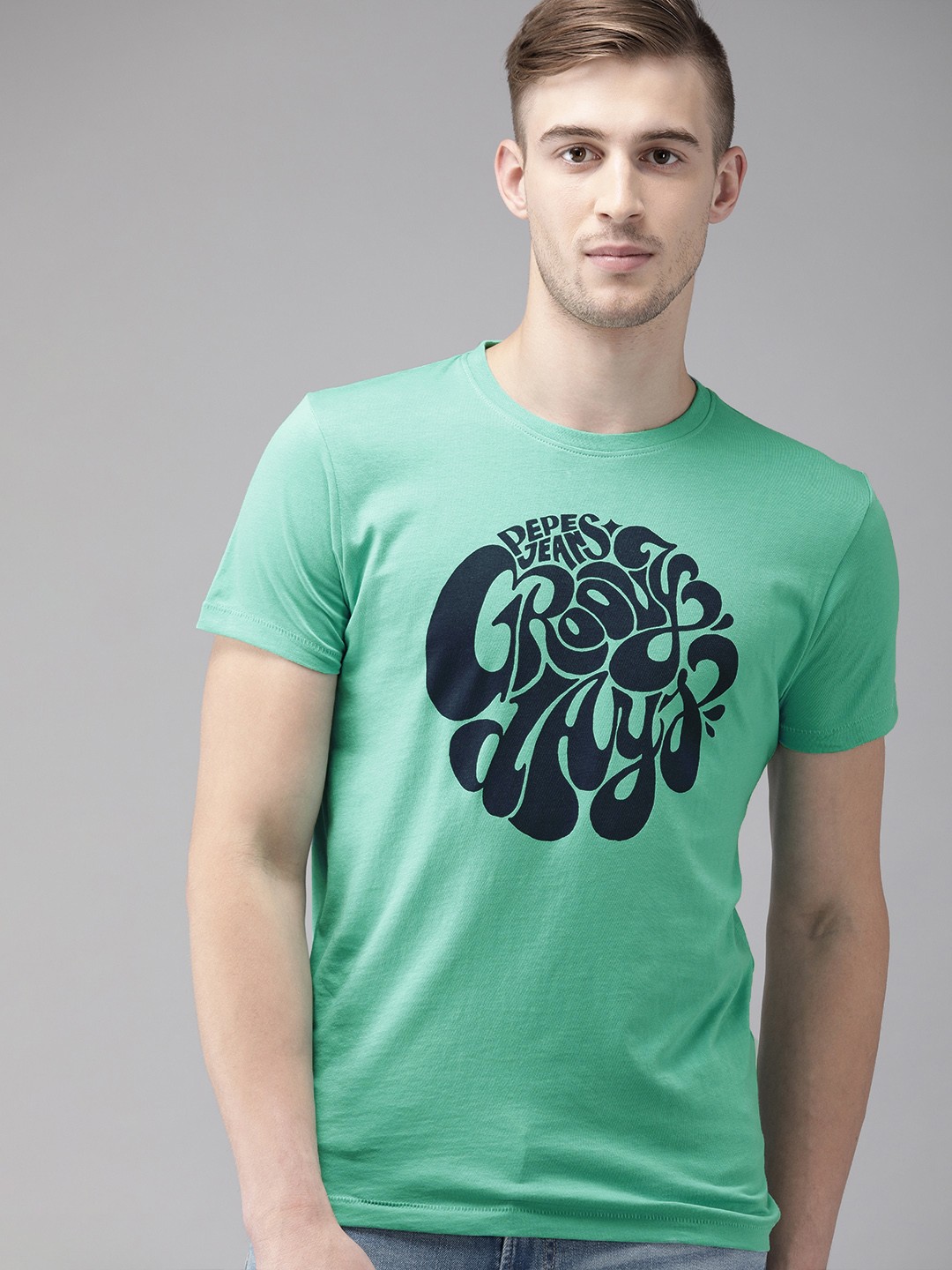 

Pepe Jeans Men Green Navy Blue Slim Fit Printed Round Neck Pure Cotton T-shirt