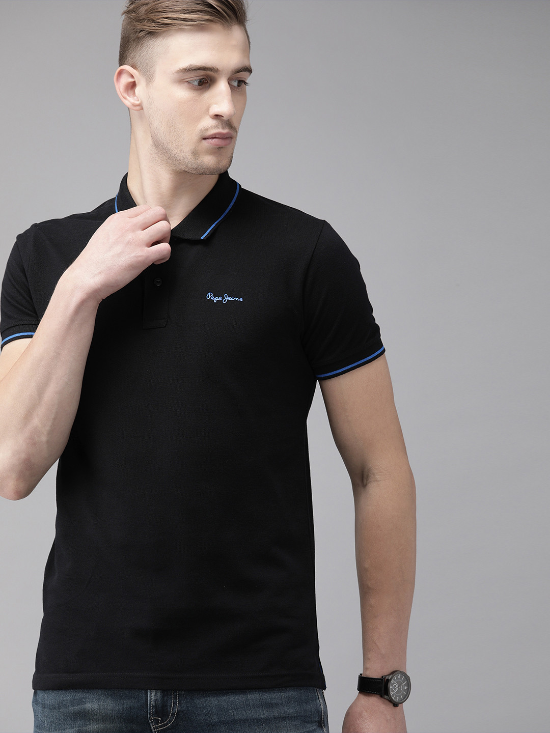 

Pepe Jeans Men Black Solid Polo Collar Pure Cotton T-shirt