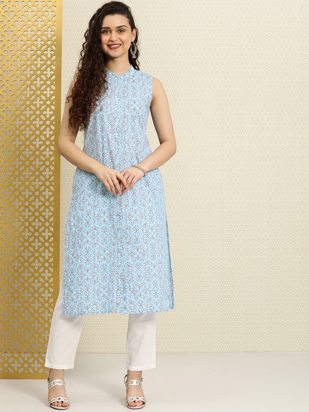 

House of Pataudi Women Blue Printed Straight Kurta