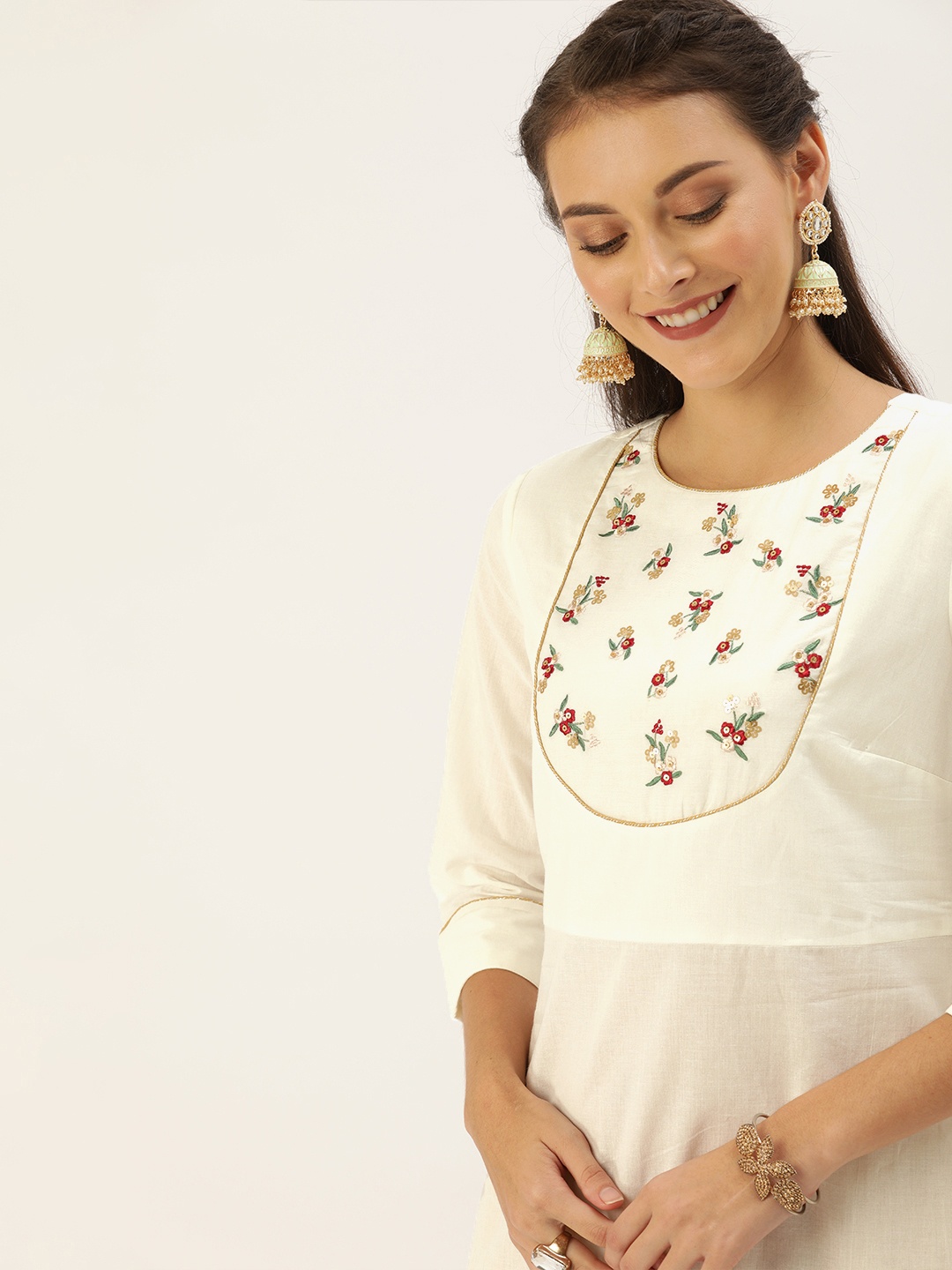

House of Pataudi Women Off-White Floral Embroidered A-Line Kurta