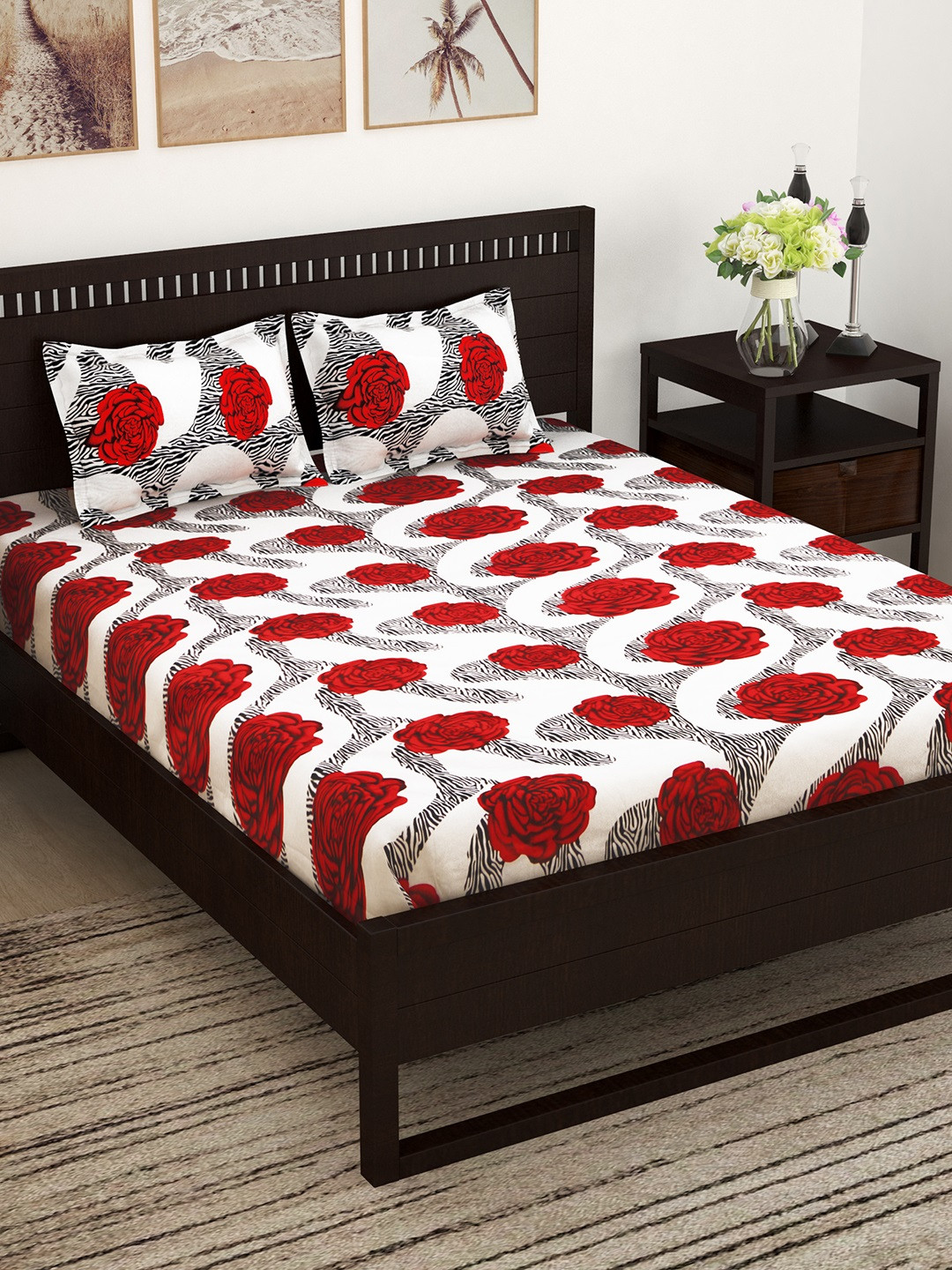 

Story@home Red & White Floral 152 TC Cotton 1 Queen Bedsheet with 2 Pillow Covers