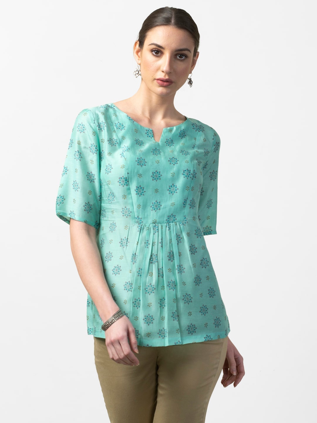 

Fabindia Women Green Hand Block Ethnic Print Kurti