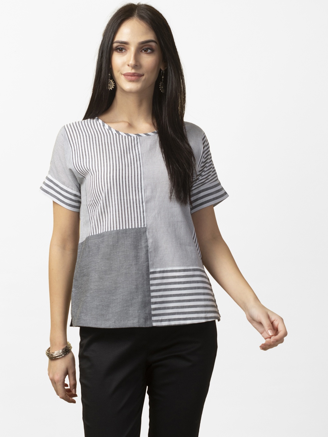 

Fabindia Women Charcoal Grey & White Striped Pure Cotton Top