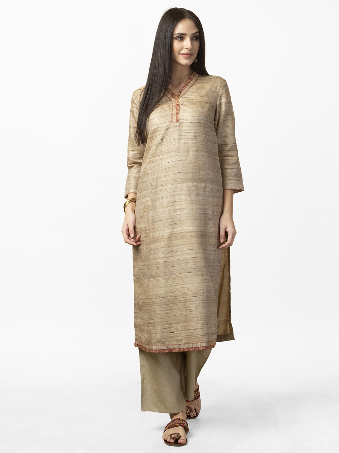 

Fabindia Women Beige Self-Striped Handwoven Ikat Straight Kurta