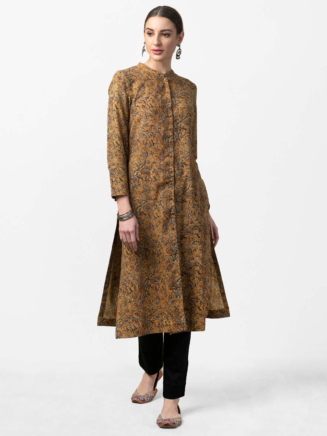 

Fabindia Women Mustard Brown & Rust Orange Kalamkari Print Handwoven Straight Kurta