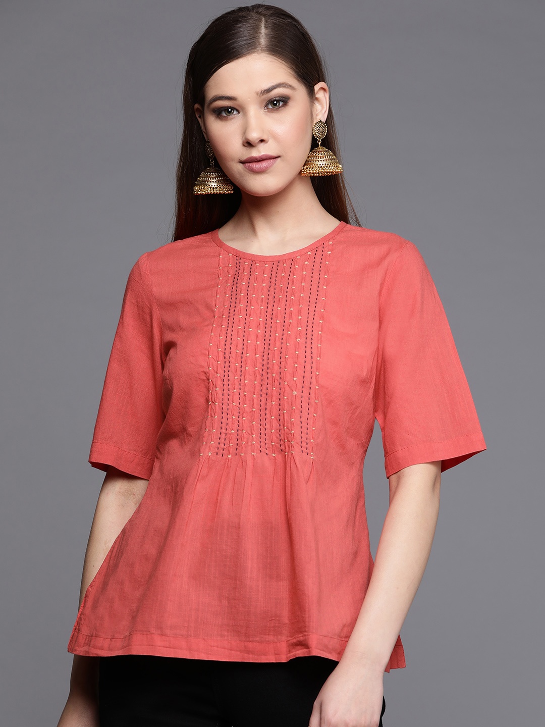 

Fabindia Women Coral Pink Embroidered Detail A-Line Pure Cotton Top