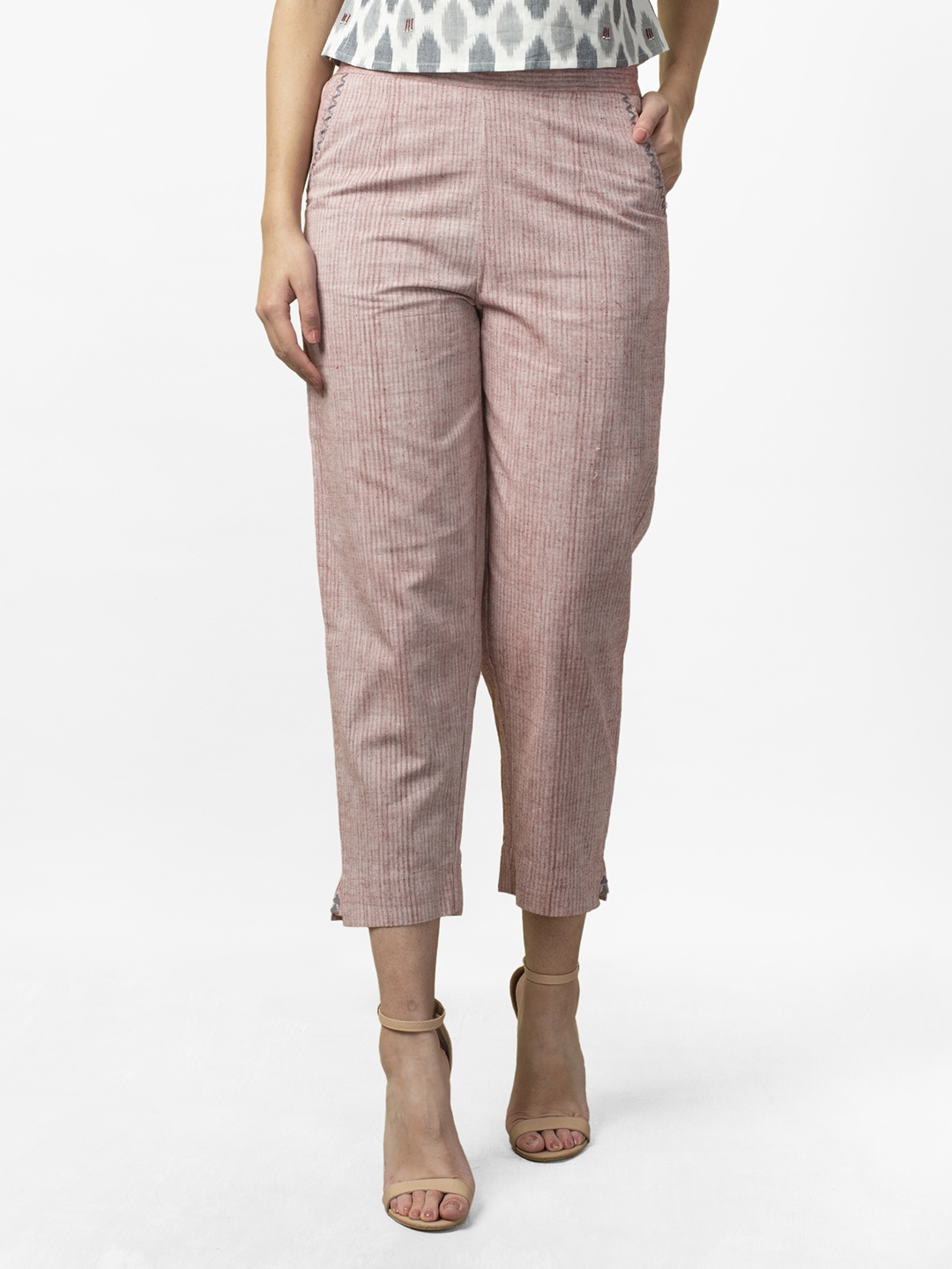 

Fabindia Women Pink Regular Fit Handloom Striped Cropped Trousers