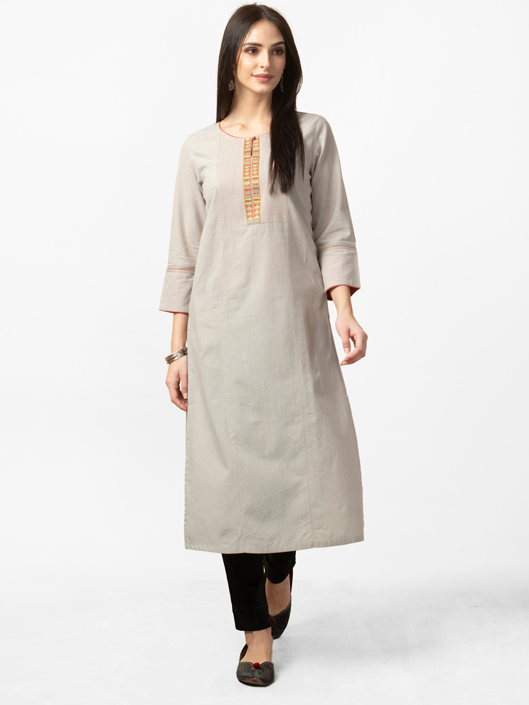 

Fabindia Women Grey Yoke Design Straight Kurta