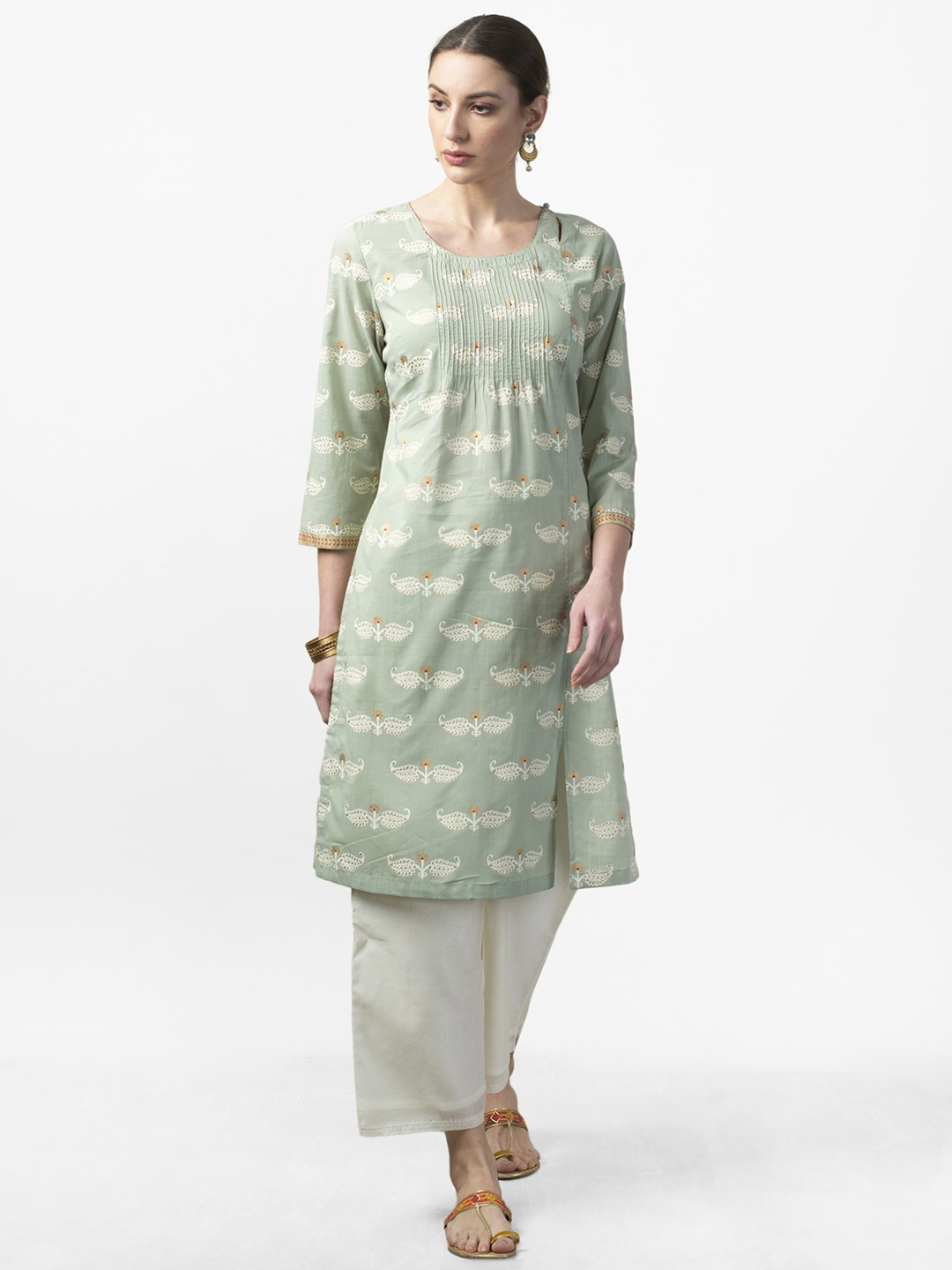 

Fabindia Women Green & Off-White Printed Straight Kurta