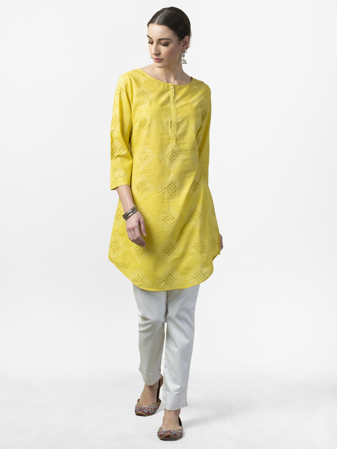 

Fabindia Women Mustard Yellow Hand Block Print A-Line Kurta