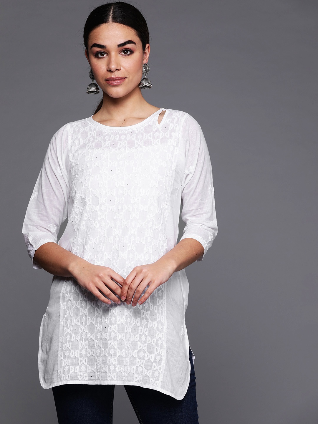 

Fabindia Women White Chikankari Embroidered Tunic