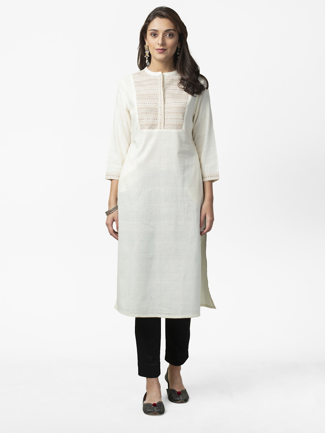 

Fabindia Women Cream-Coloured Handwoven Yoke Design Straight Kurta