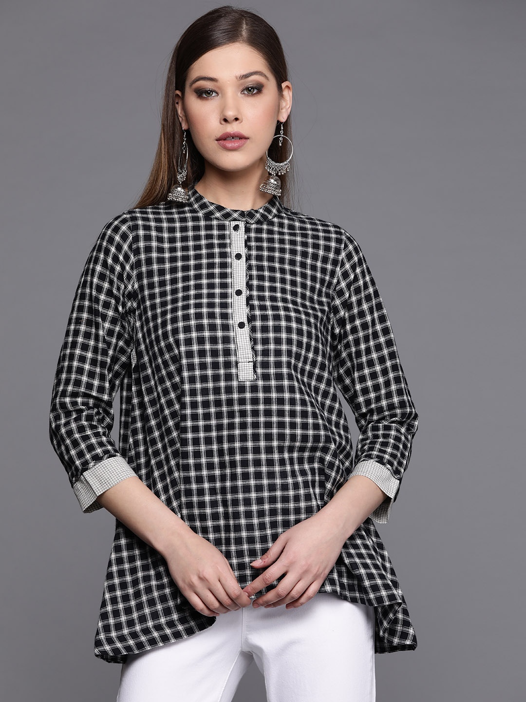 

Fabindia Women Black & Off-White Checked Pure Cotton A-Line Kurti