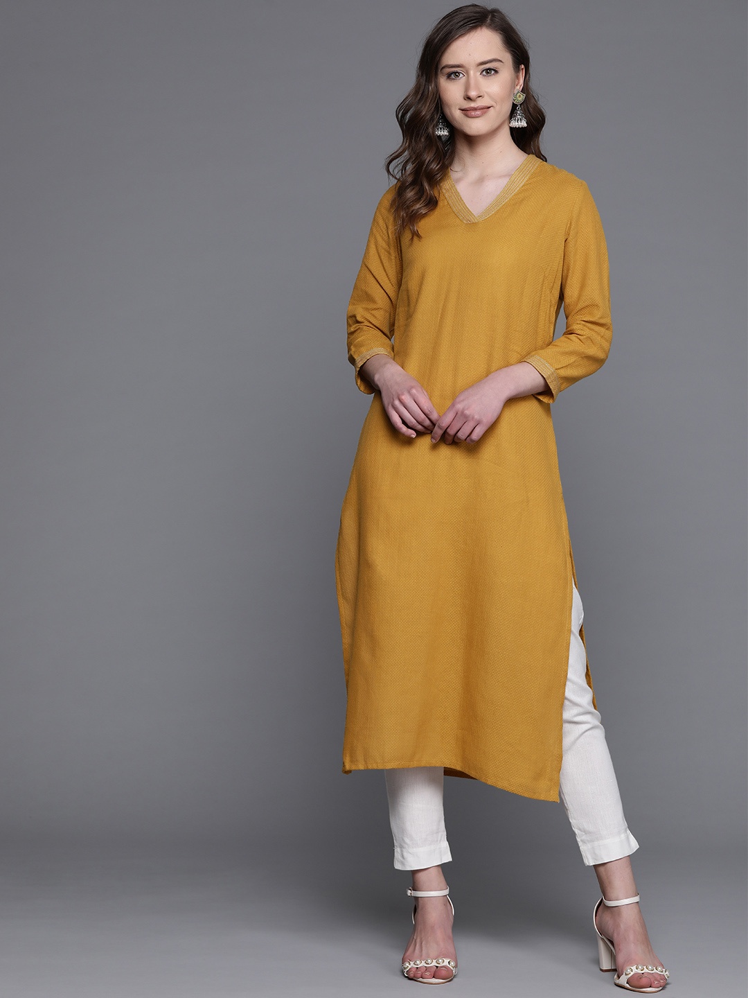 

Fabindia Women Mustard Yellow Dobby Weave Straight Kurta