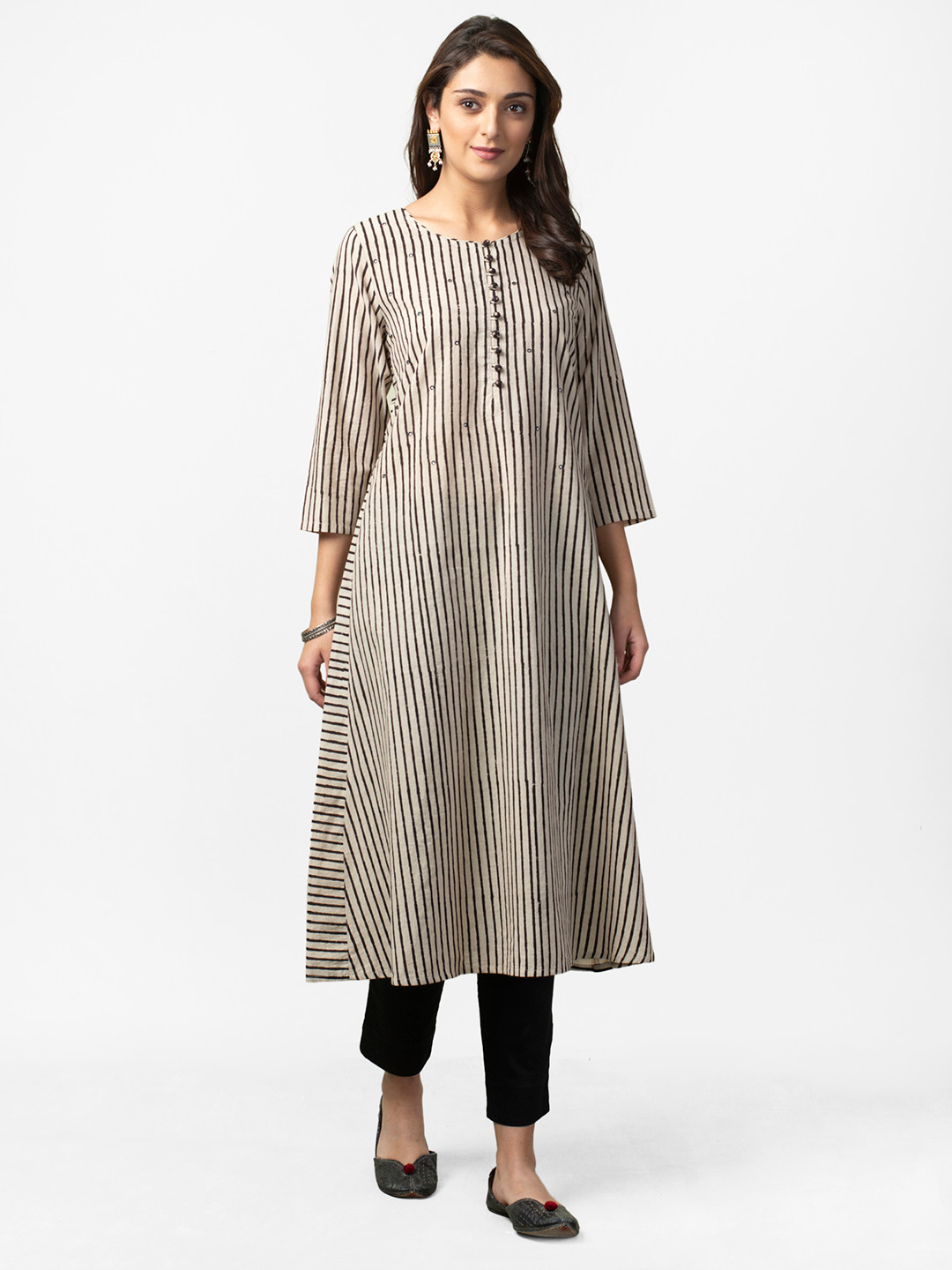 

Fabindia Women Beige & Black Hand Block Striped A-Line Kurta