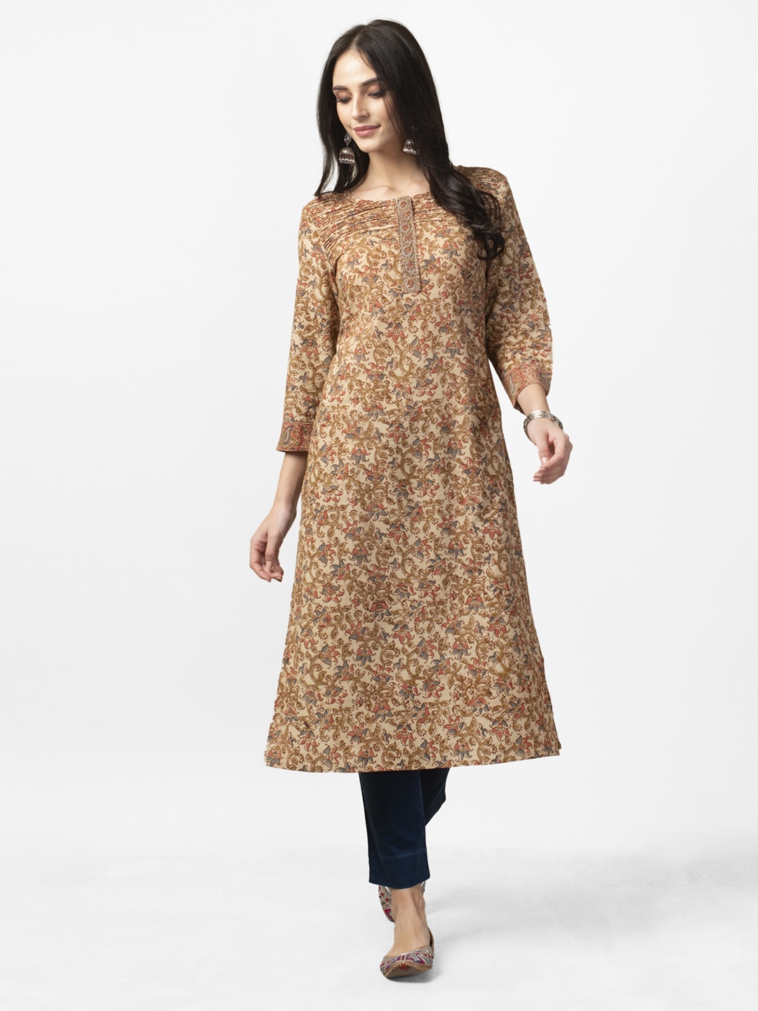 

Fabindia Women Beige & Pink Kalamkari Handblock Printed Straight Kurta
