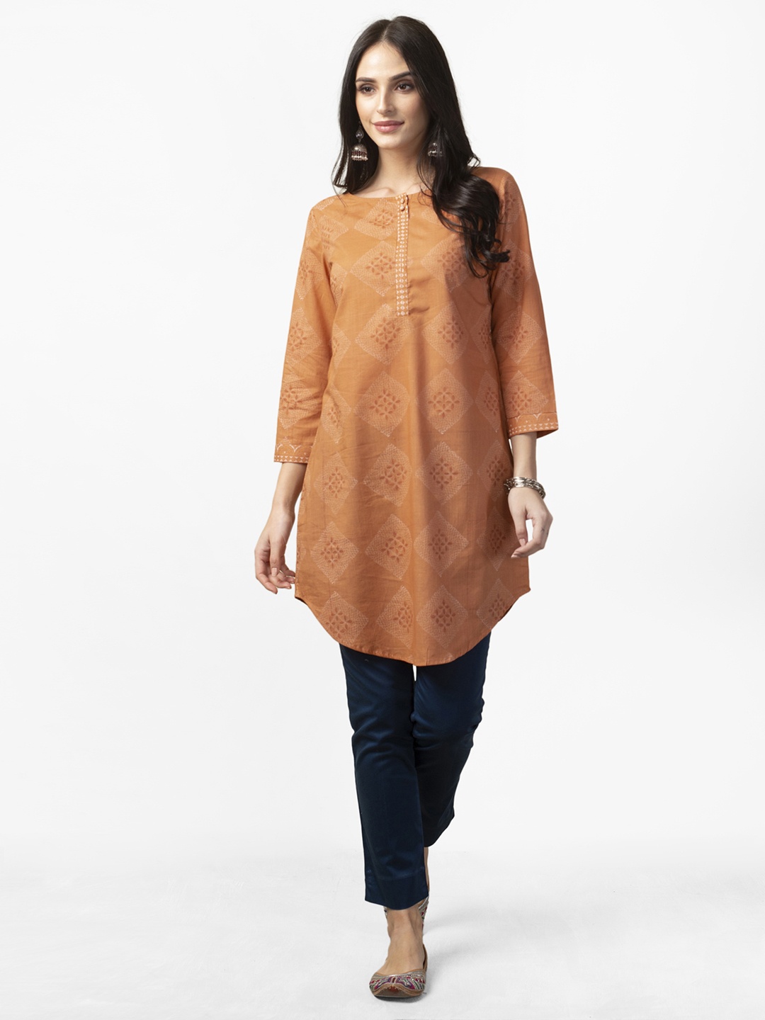 

Fabindia Women Peach-Coloured & Off-White Handblock Print A-Line Kurta