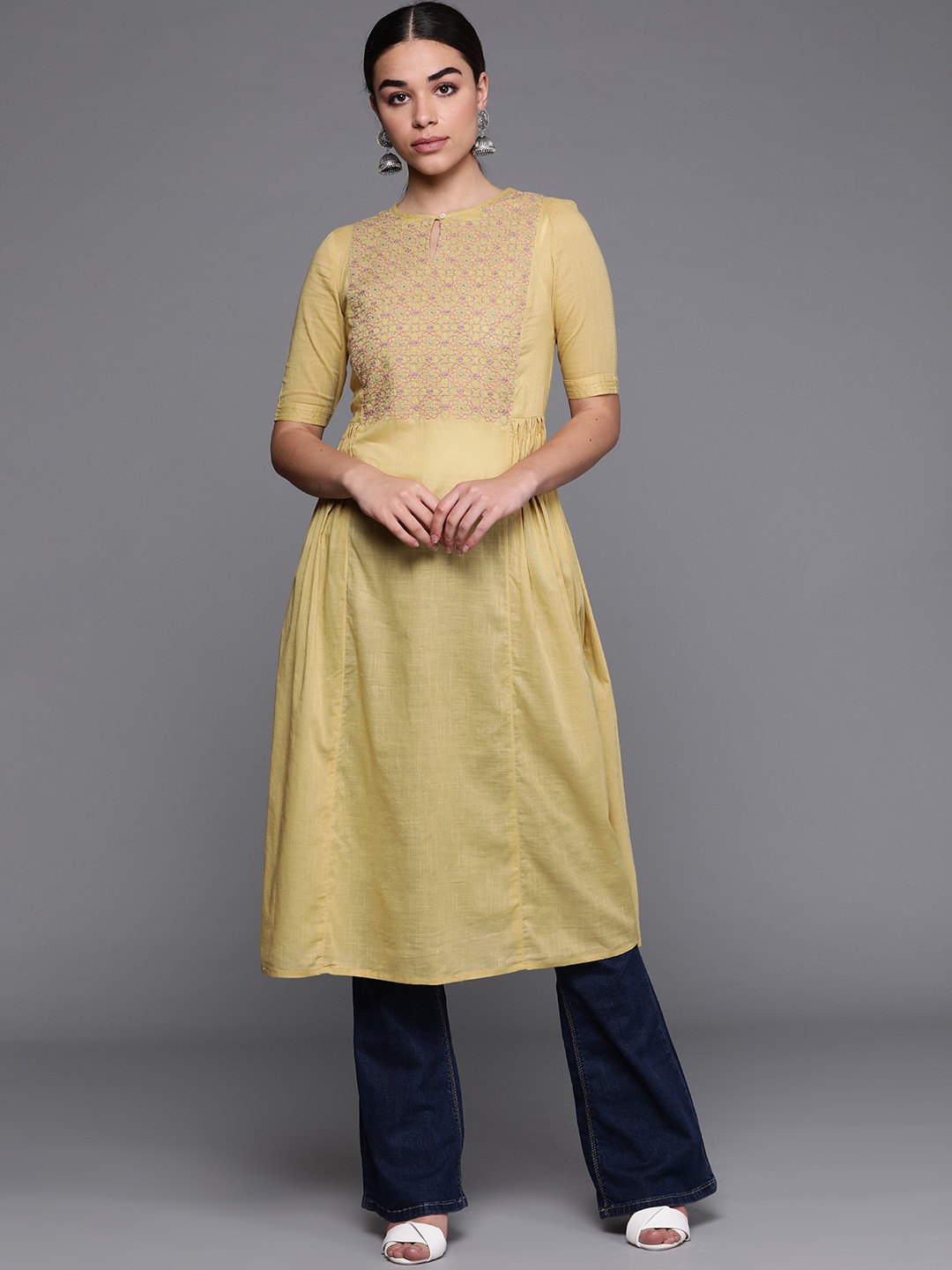 

Fabindia Women Yellow Yoke Design A-Line Kurta