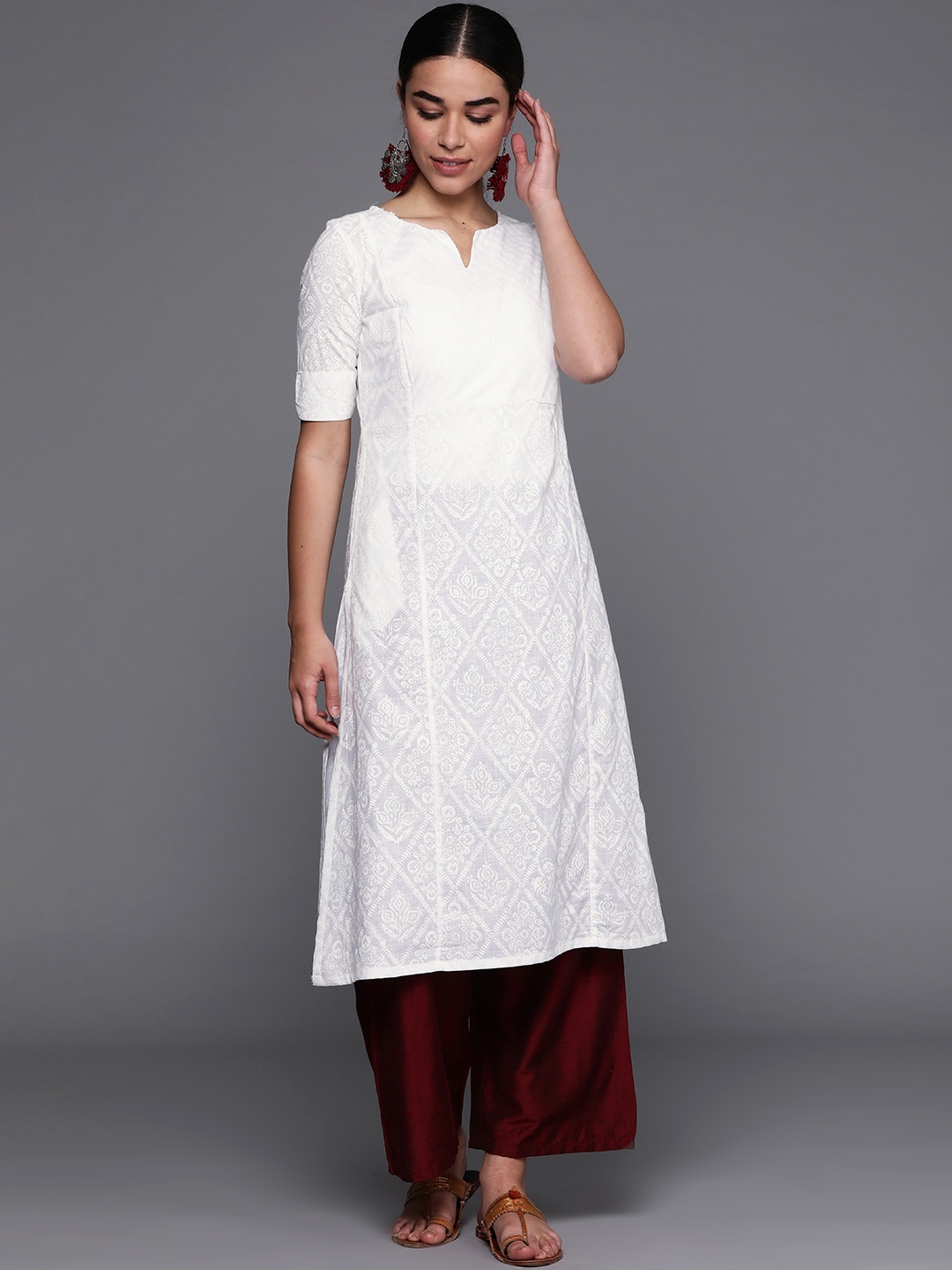 

Fabindia Women White Hand Block Print A-Line Kurta