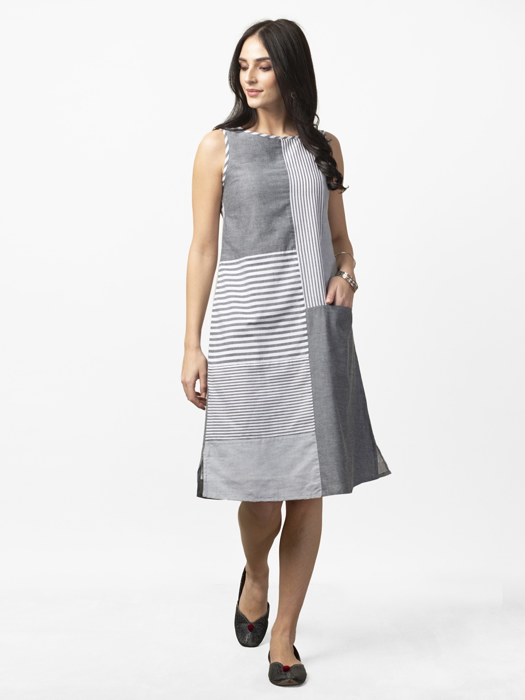 

Fabindia Women Grey & White Striped A-Line Dress