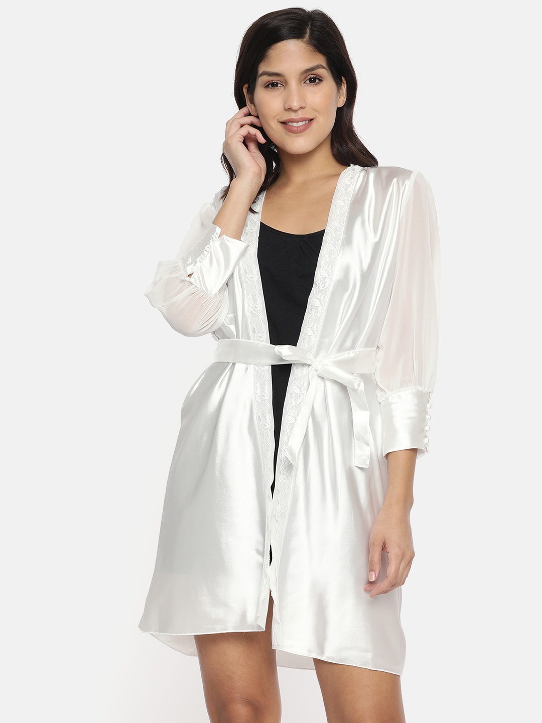 

miorre Women White Solid Satin Robe with Lace Details