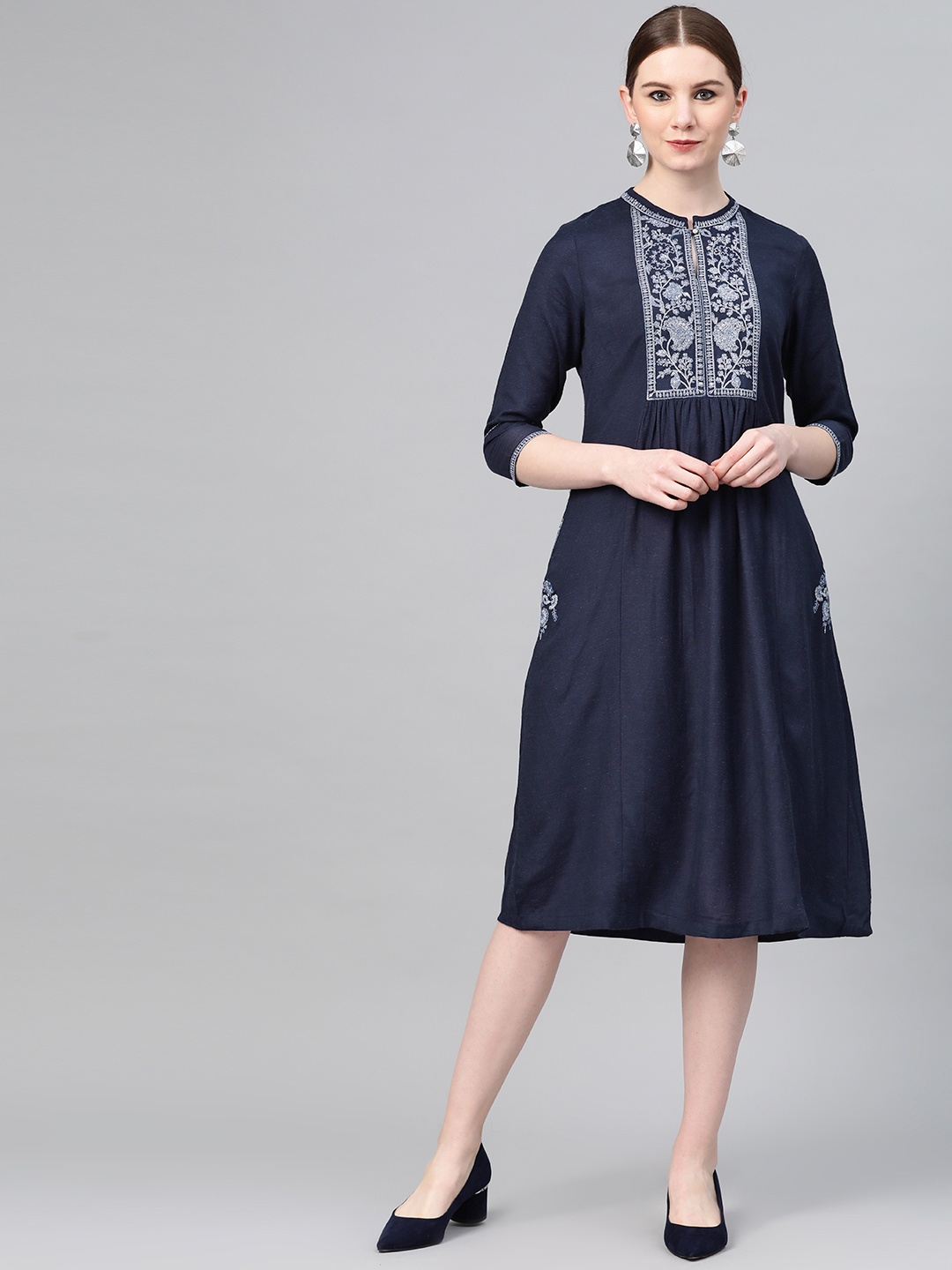 

W Women Navy Blue Embroidered Detail A-Line Dress