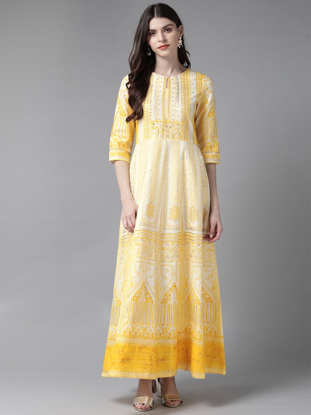 

W Women Mustard Yellow & Off-White Printed Maxi Dress