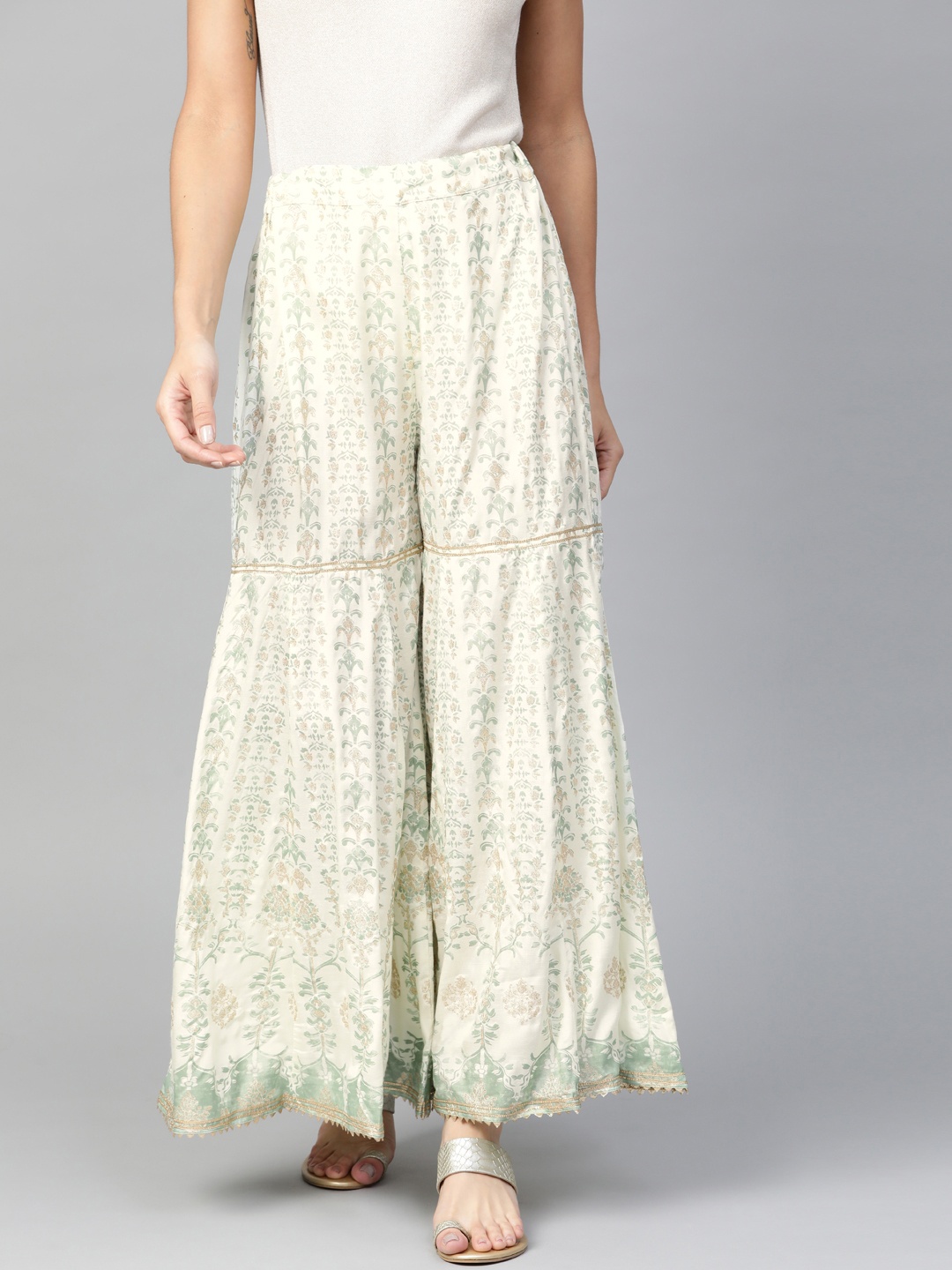

W Women Off-White & Mint Green Shimmer Detail Ethnic Print Sharara