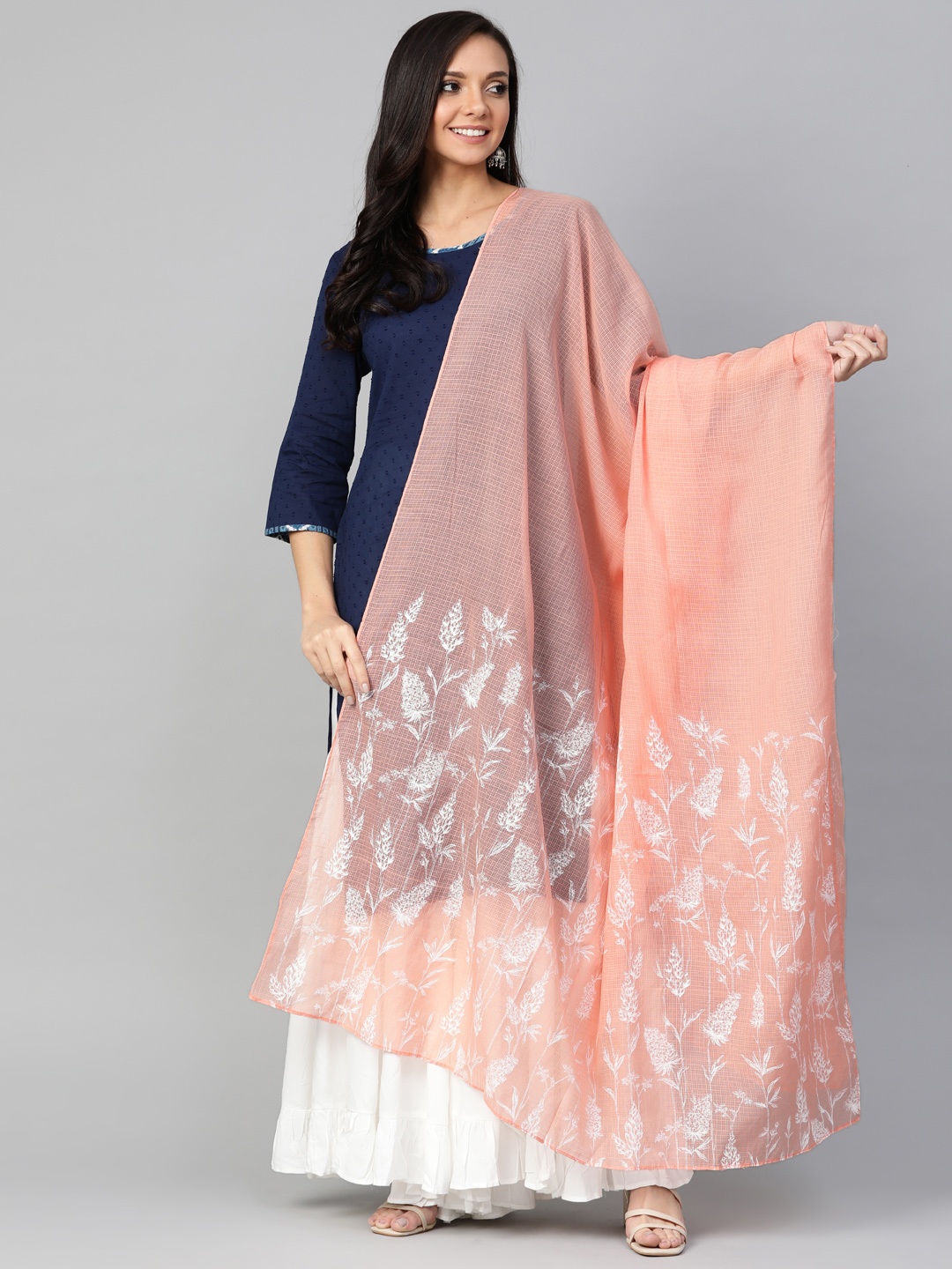 

W Peach-Coloured & White Printed Dupatta