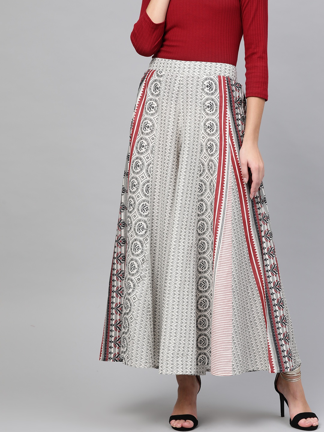 

W Women White & Grey Printed Flared Palazzos