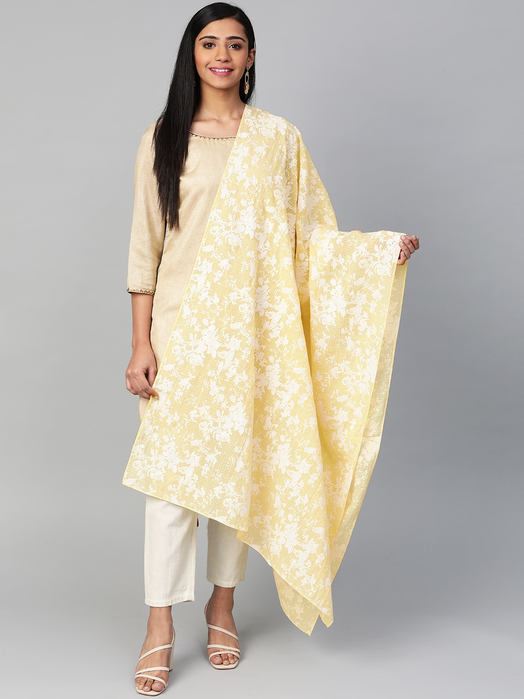 

W Women Yellow & White Printed Dupatta