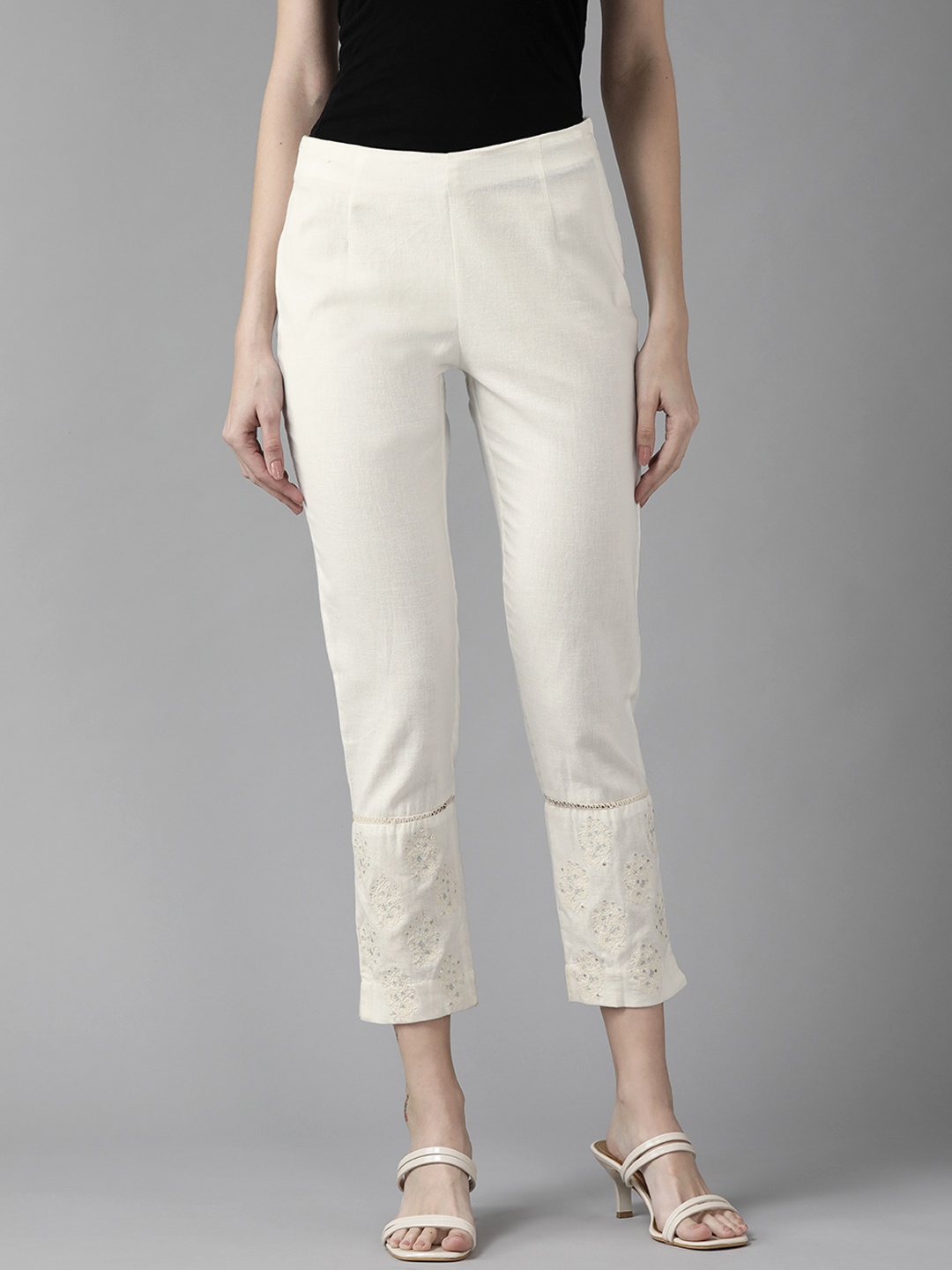 

W Women Off White Solid Trousers