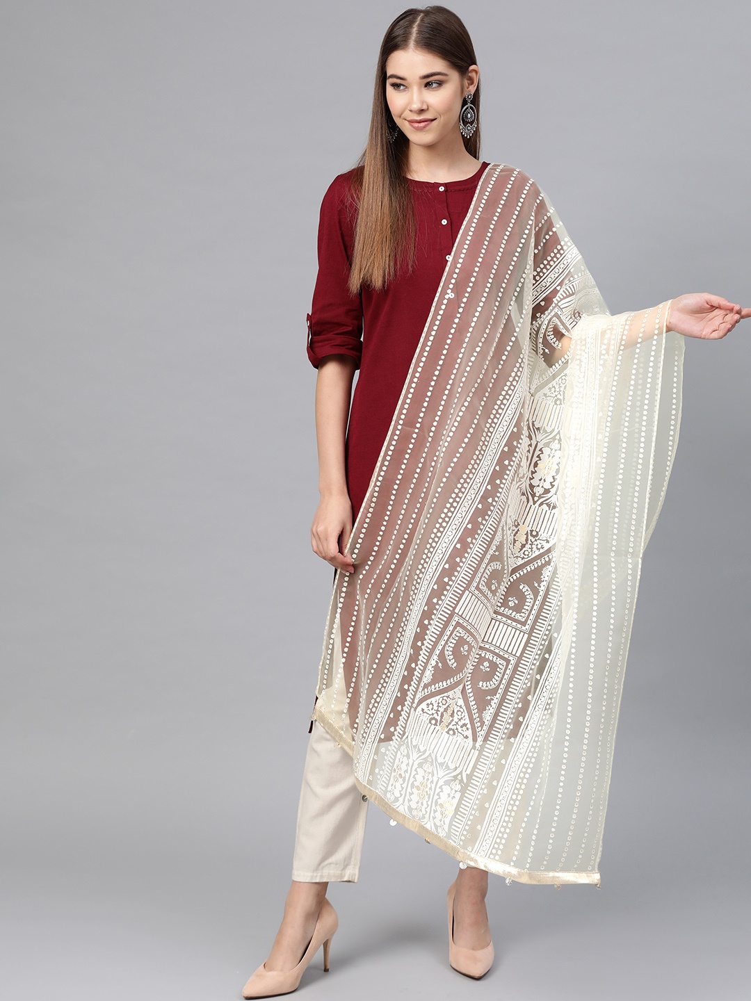 

W Off-White & Golden Ethnic Printed Dupatta