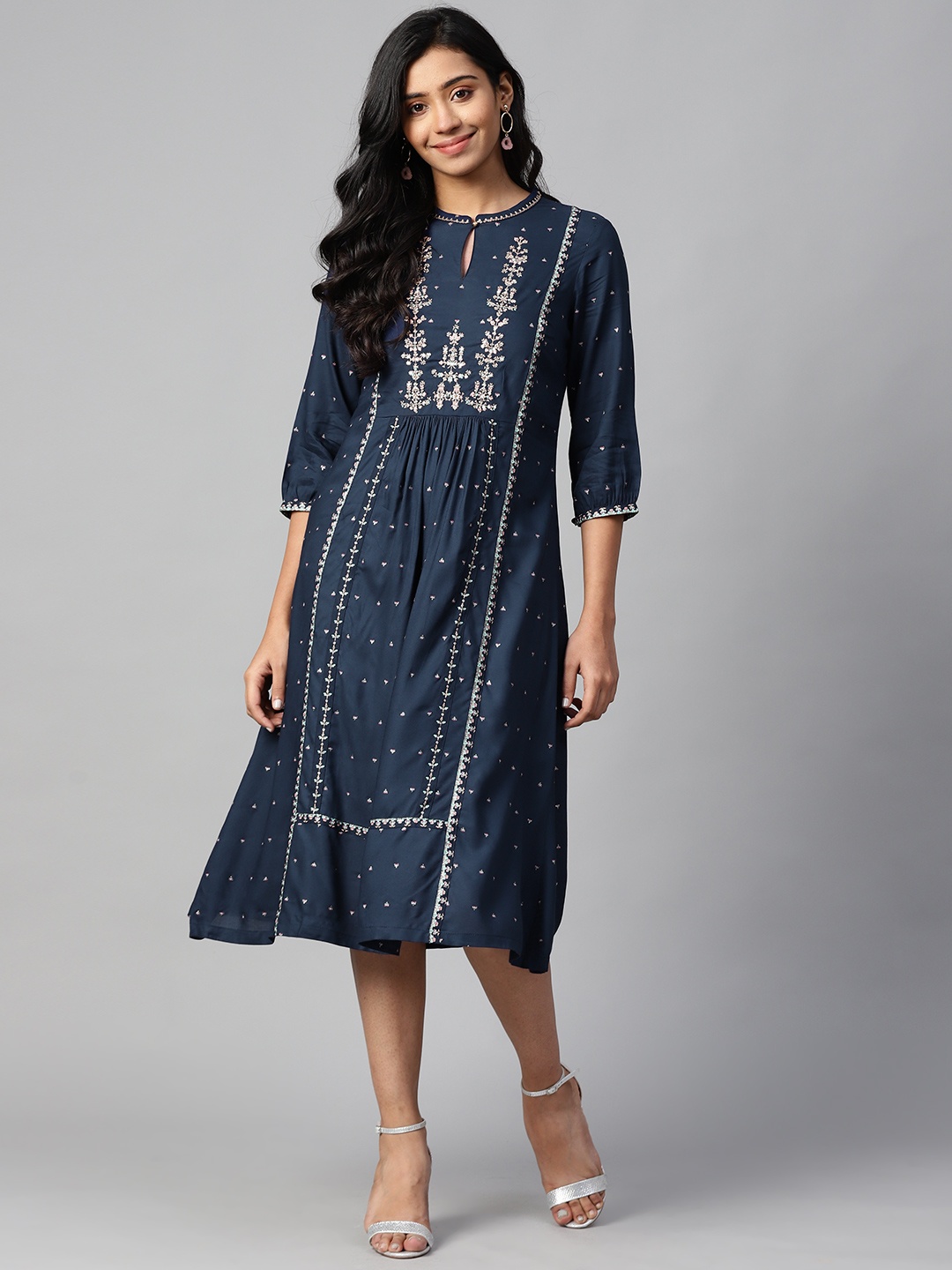 

W Women Navy Blue & Beige Embroidered A-Line Dress