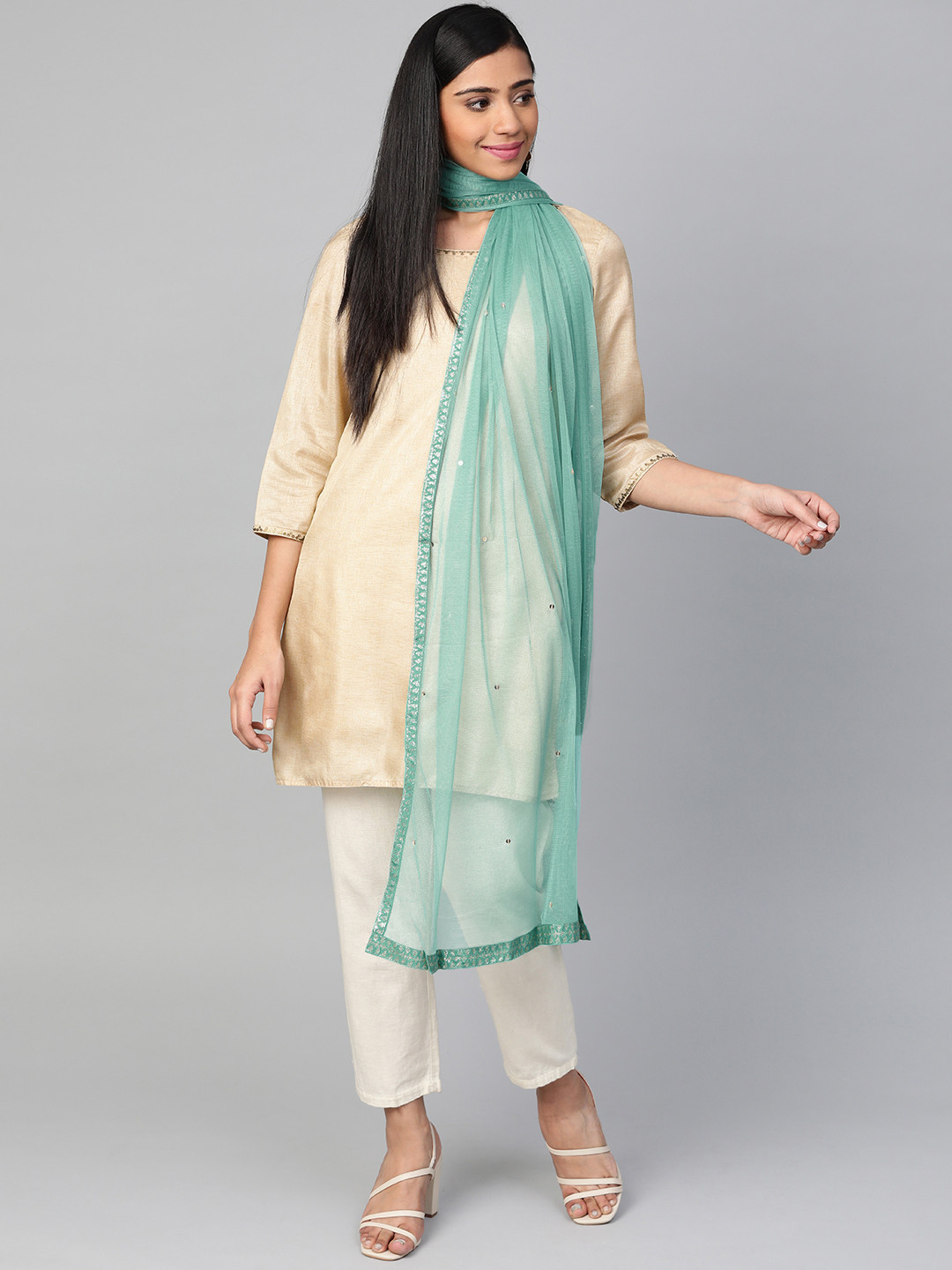 

W Women Green Sequinned Net Dupatta
