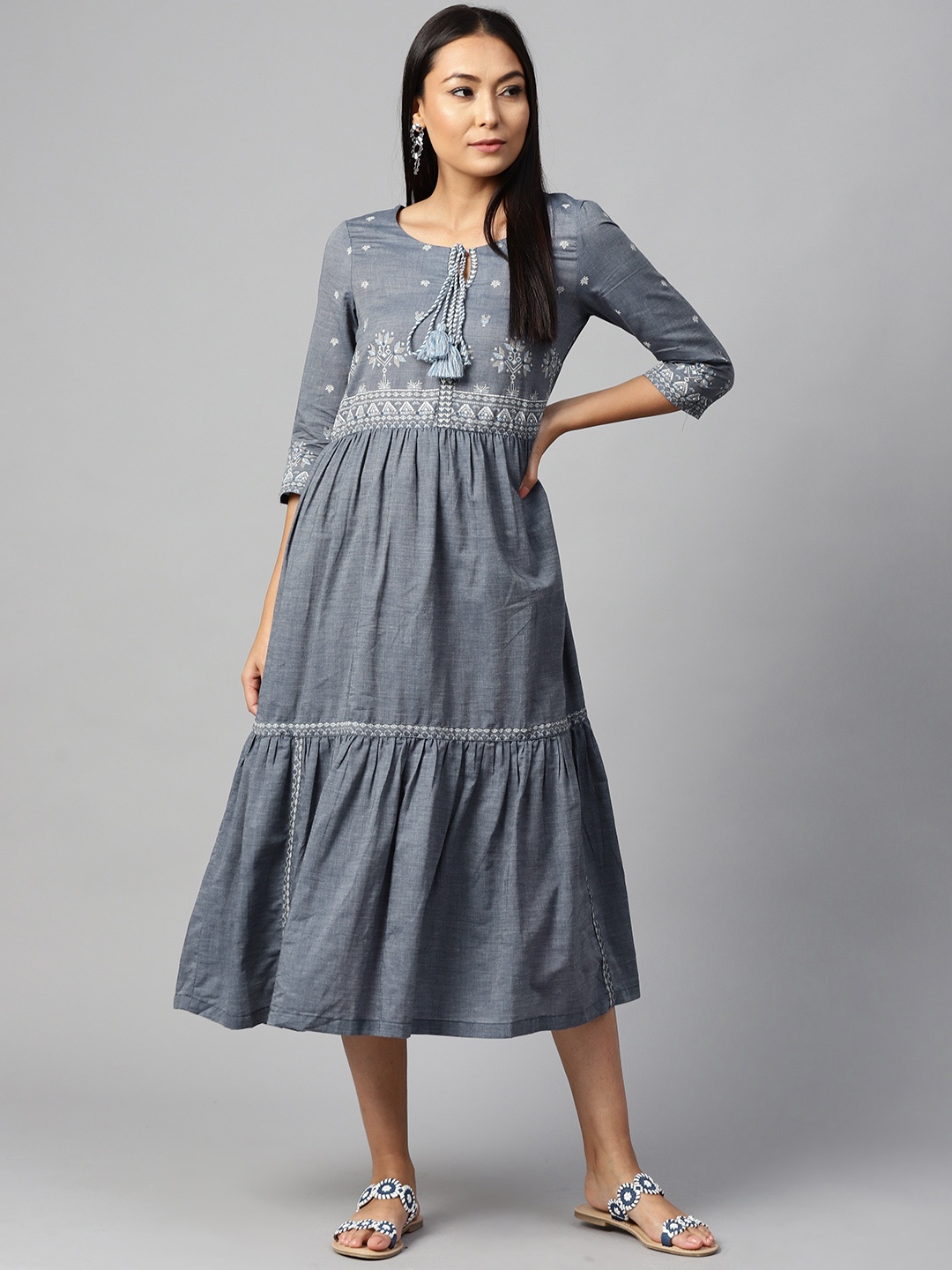 

W Women Navy Blue & White Printed Tiered A-Line Dress