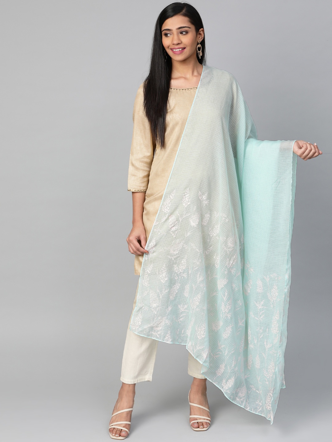 

W Sea Green & White Printed Dupatta