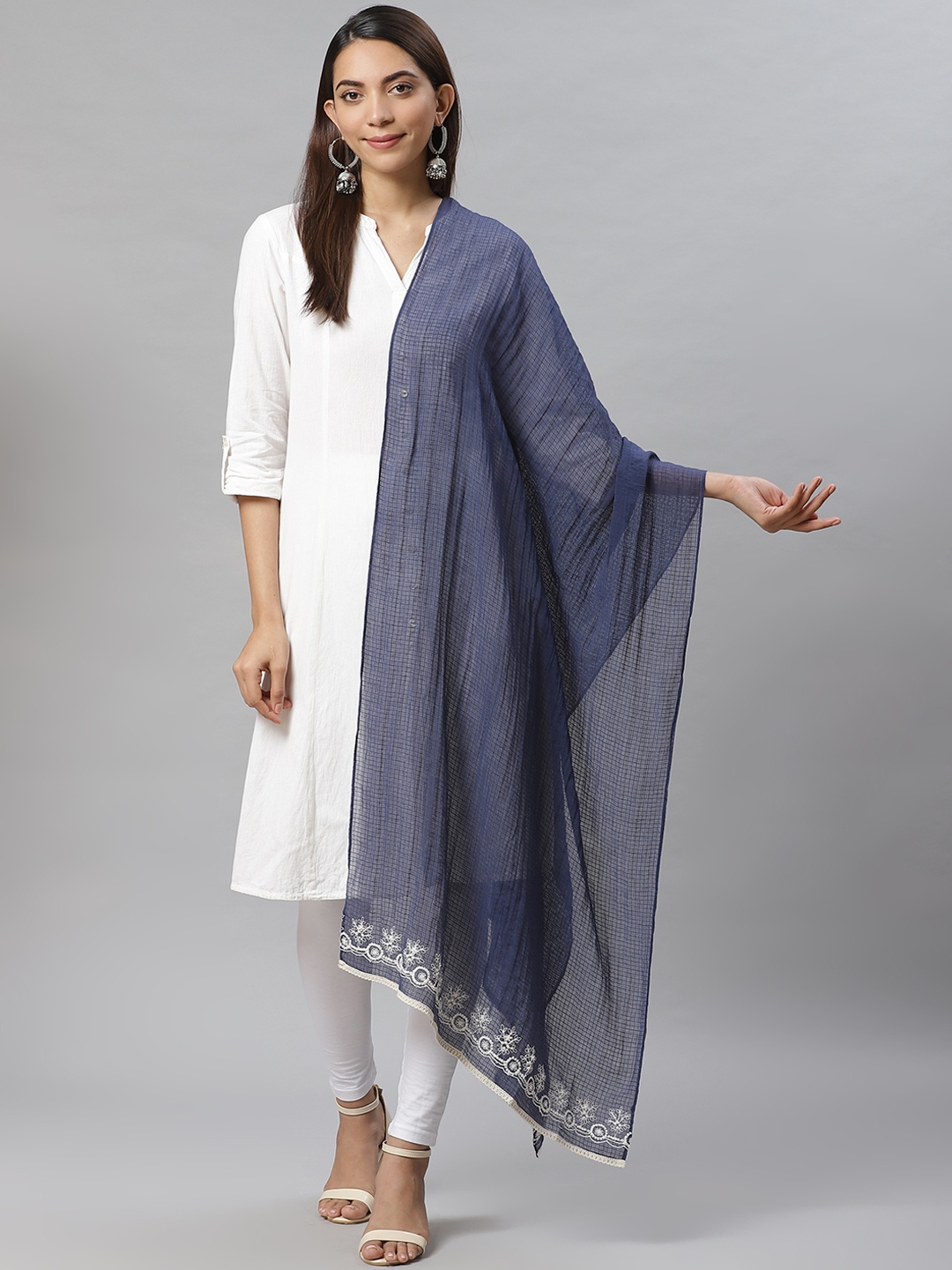 

W Navy Blue Self-Checked Dupatta