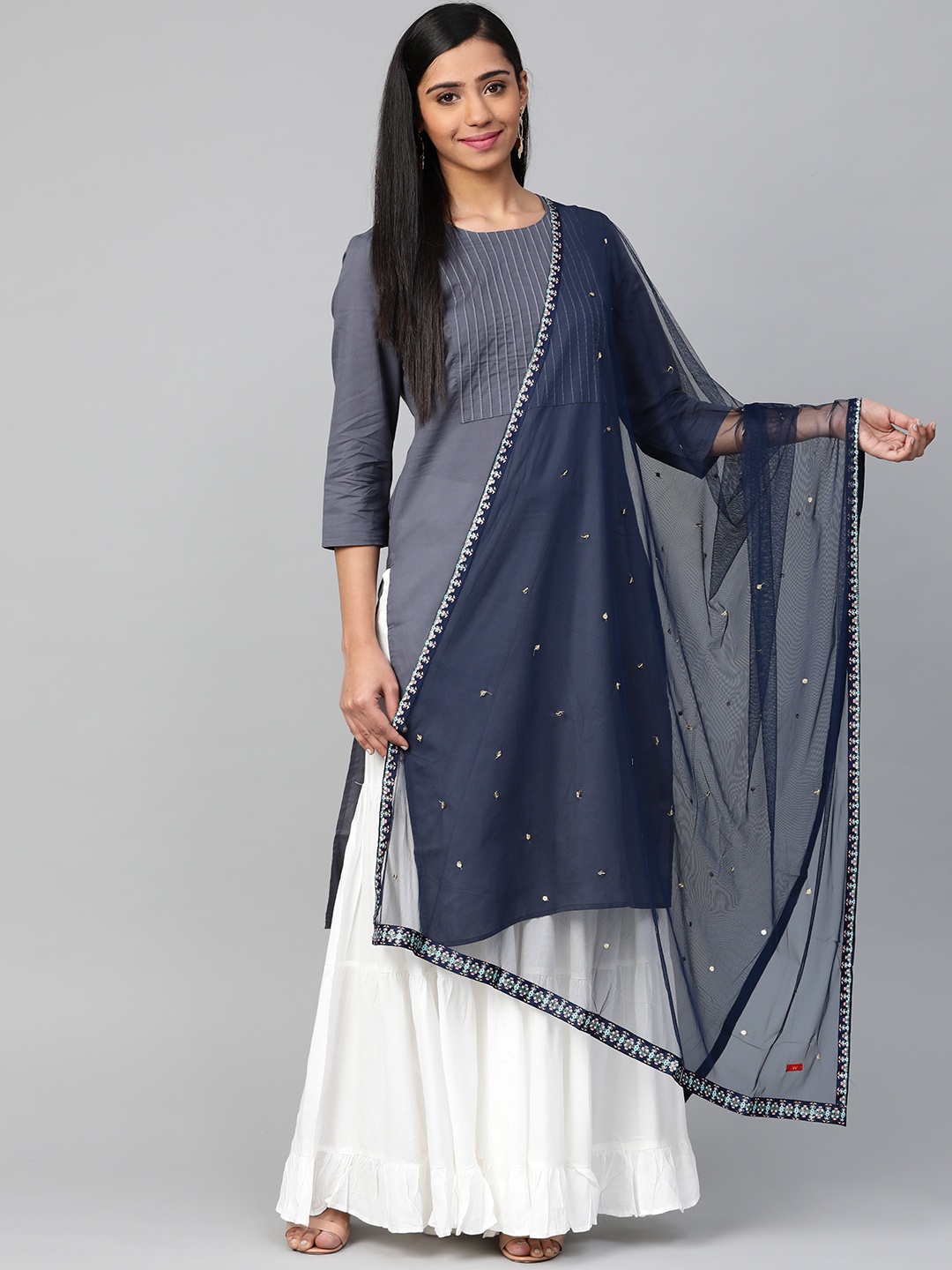 

W Women Navy Blue Sequinned Net Dupatta