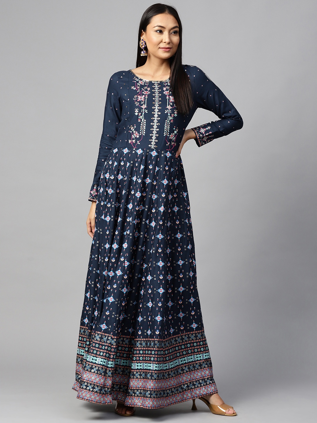 

W Navy Blue Ethnic Motifs Printed Maxi Dress