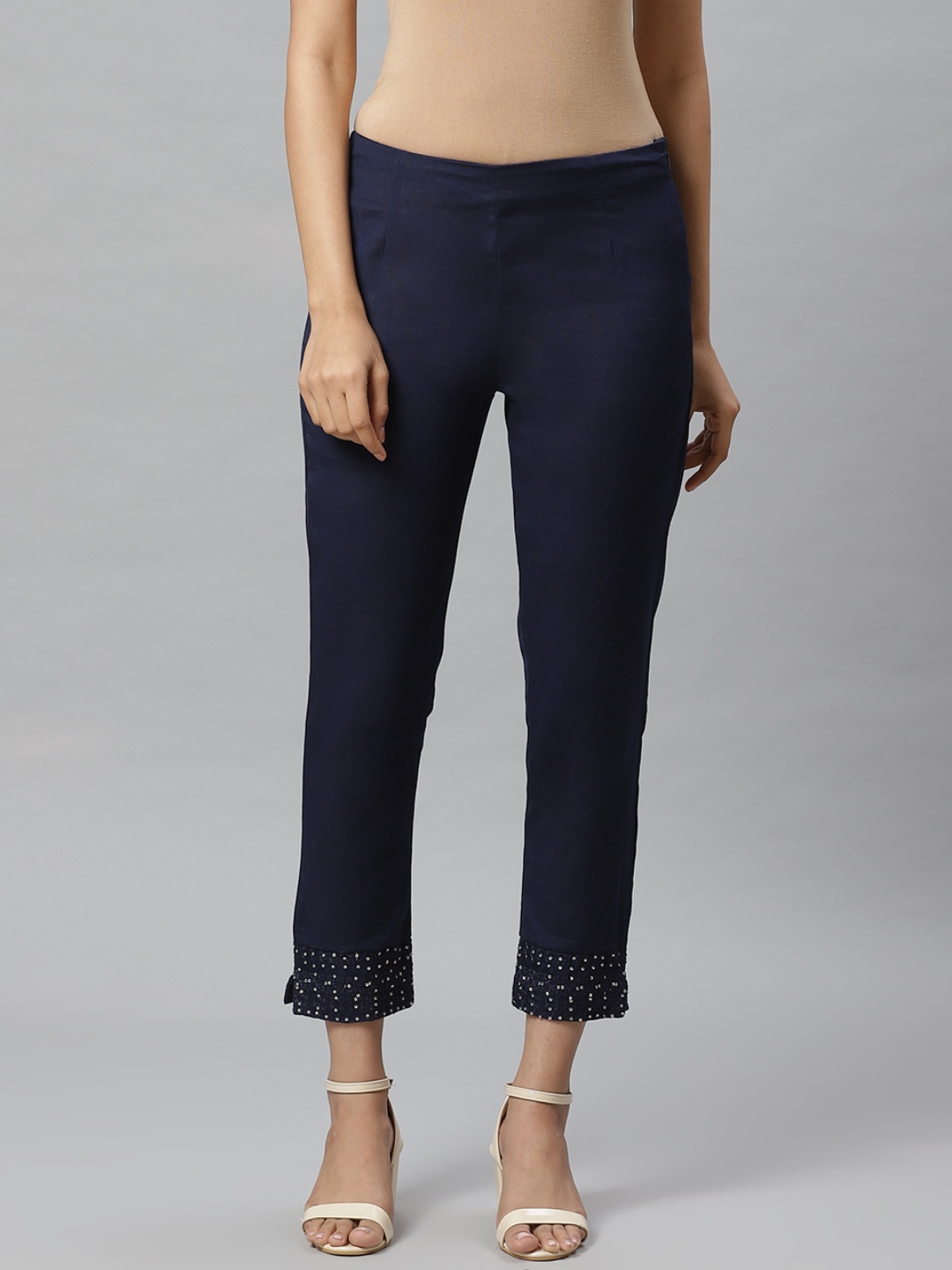 

W Women Navy Blue Slim Fit Solid Regular Cropped Trousers