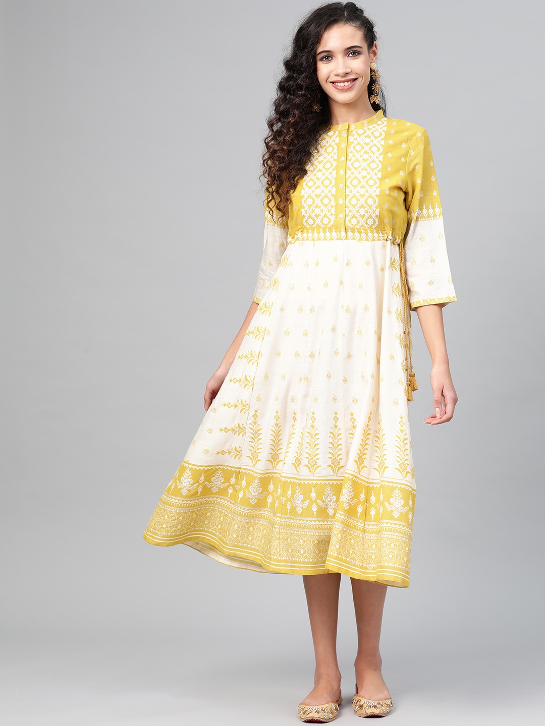 

W Women Off-White & Mustard Yellow Printed A-Line Dress