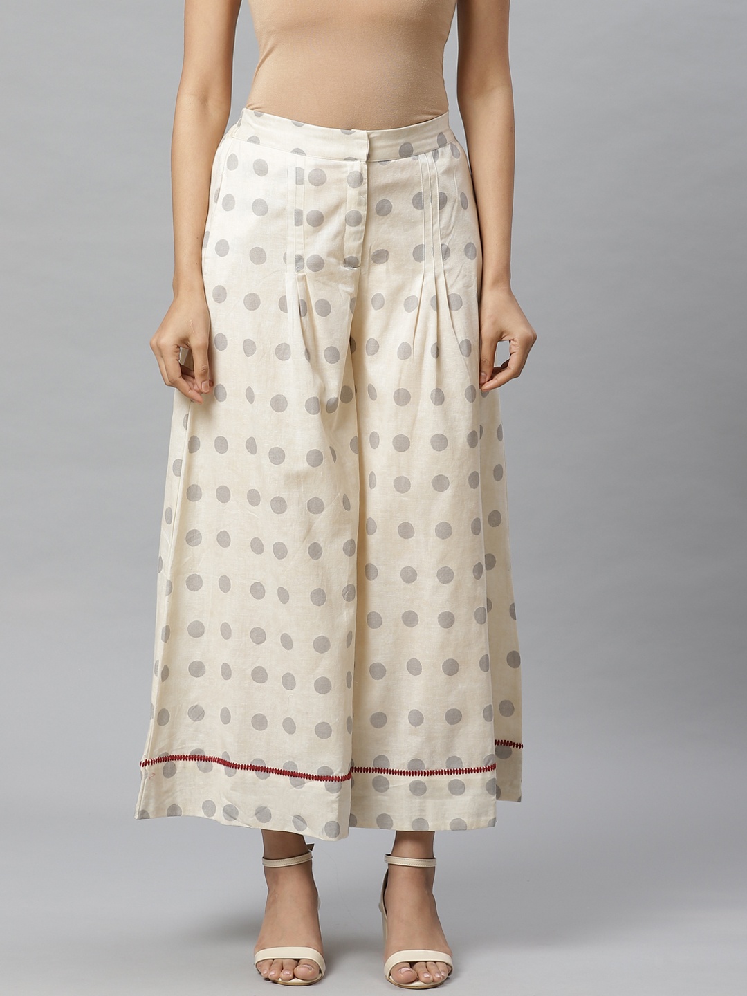 

W Women Off-White & Grey Polka Printed Wide Leg Palazzos
