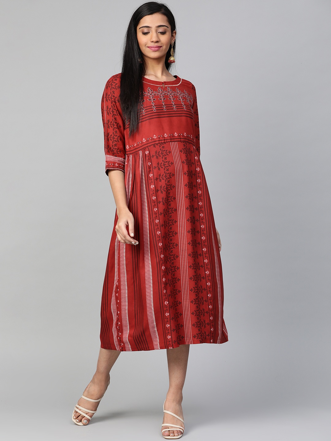 

W Maroon & White Striped A-Line Dress