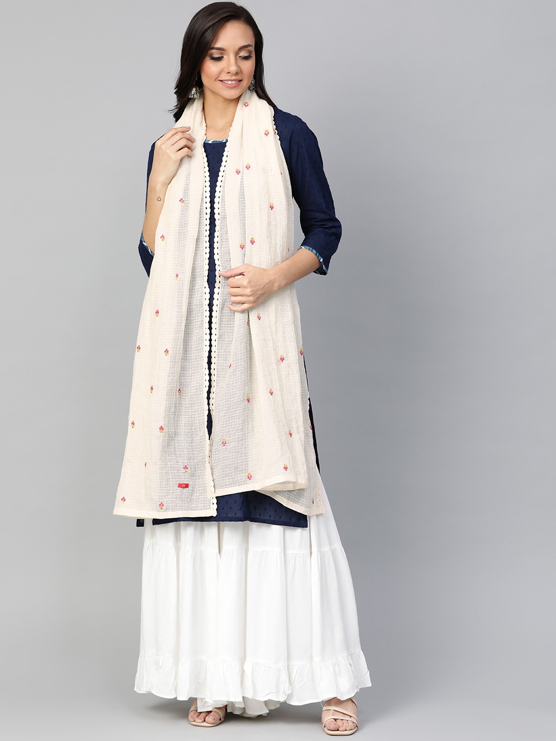 

W Off-White & Pink Embroidered Dupatta