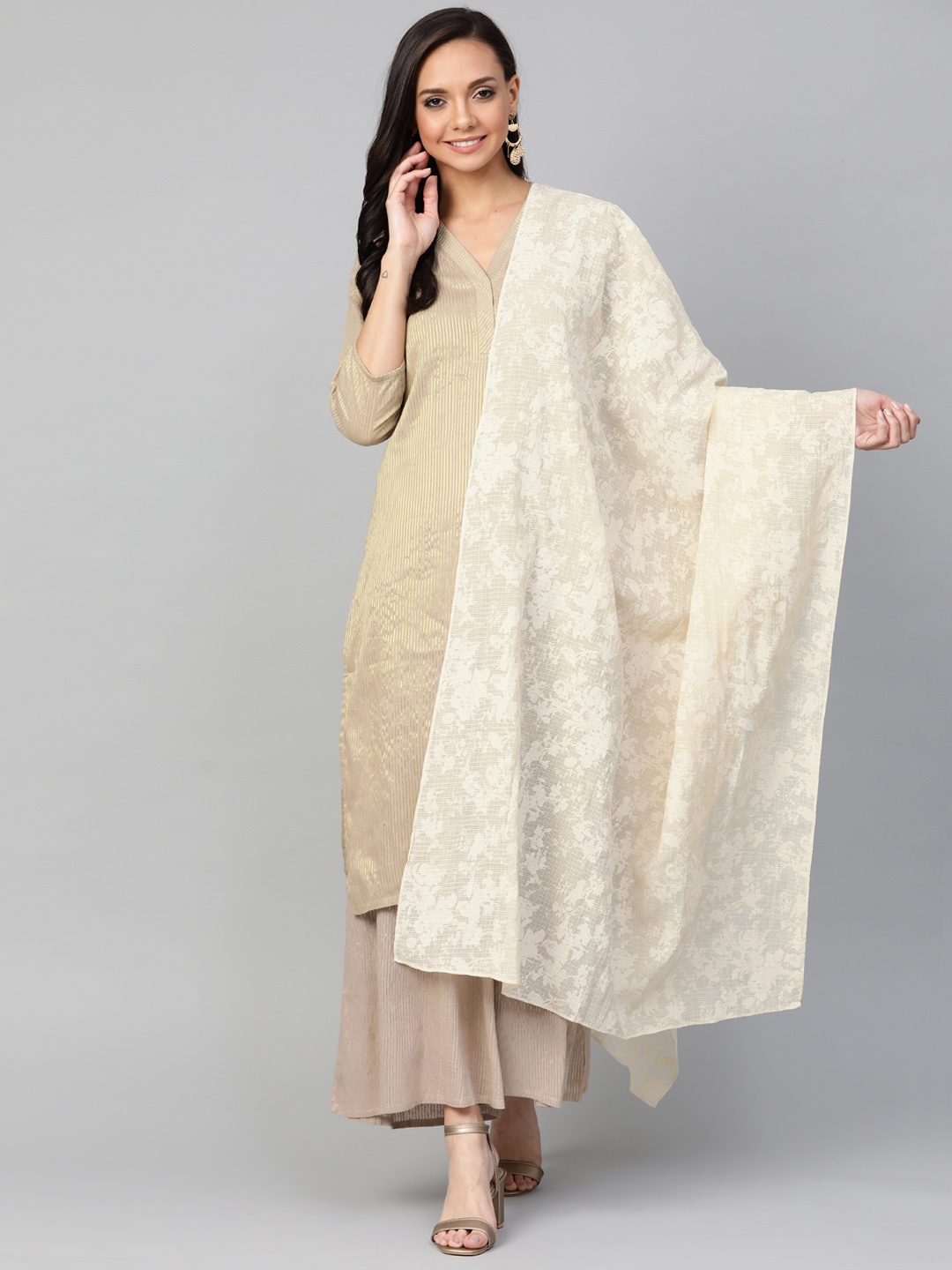 

W Beige Floral Print Dupatta