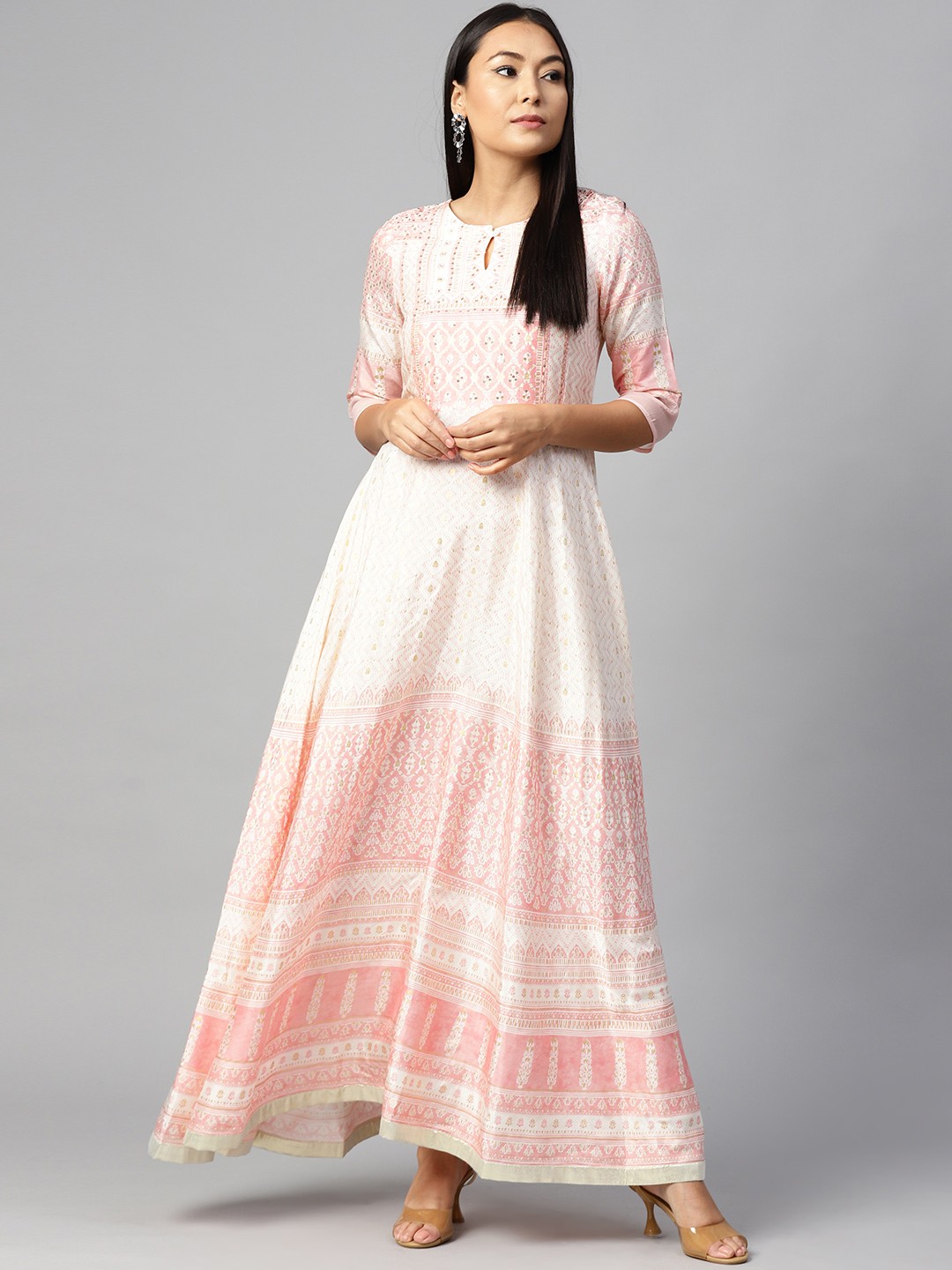 

W Women White & Peach-Coloured Printed Maxi Dress